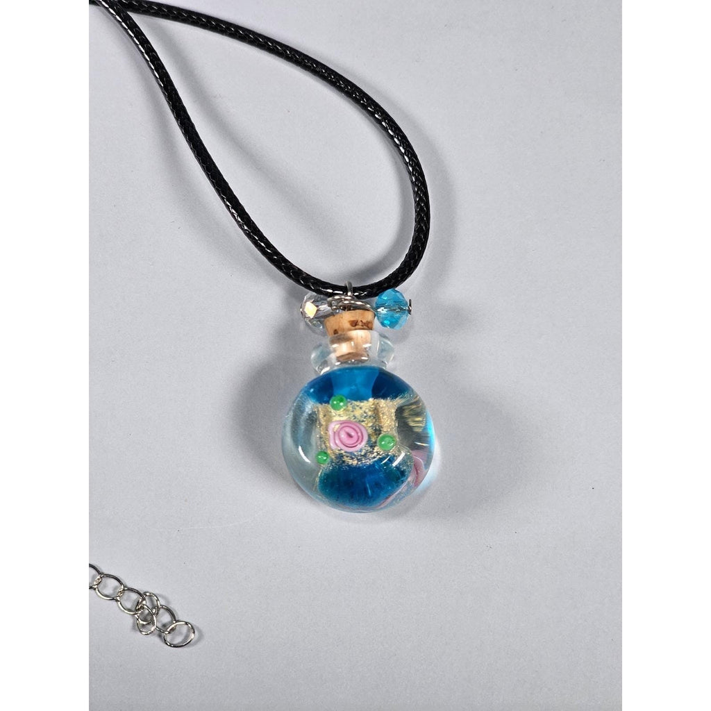 Glass Bottle Pendant Necklace Blue Floral Cork Vial Charm Necklace