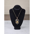Vintage Gold Tone Buddha Cameo Pendant Necklace Black Oval Medallion