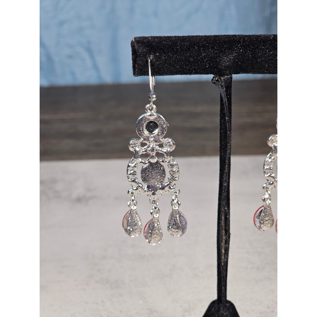 Vintage Red Rhinestone Drop Earrings Silver Tone Dangle Statement Jewelry