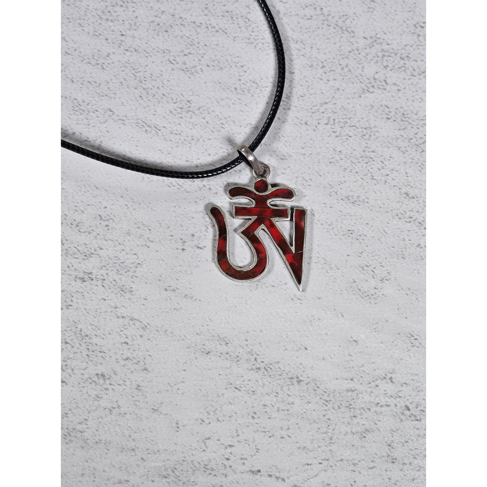 Vintage Sterling Silver Om Pendant Necklace Red Inlay Symbol