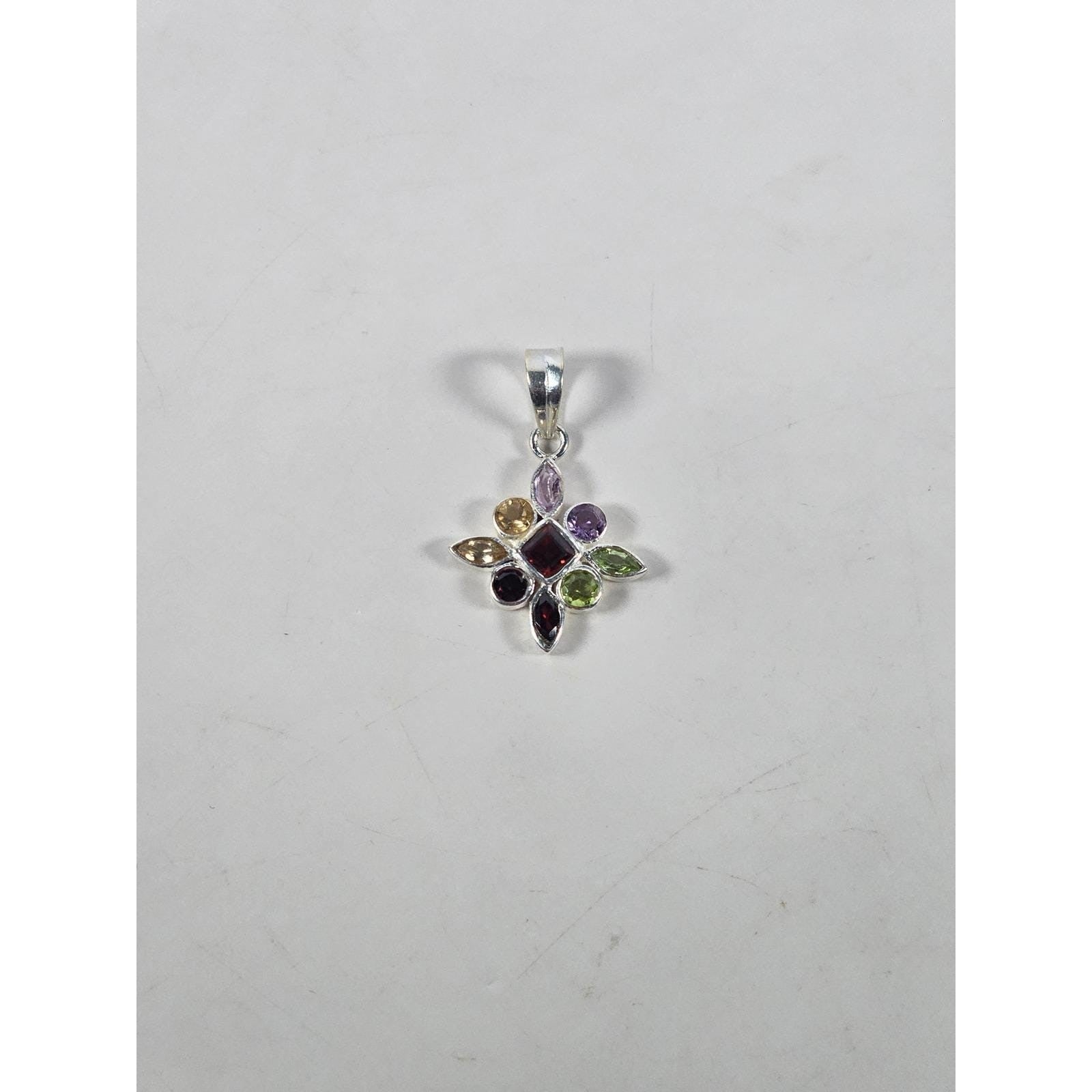 Vintage Sterling Silver Multi-Stone Gemstone Pendant, 925 Floral Design No Chain