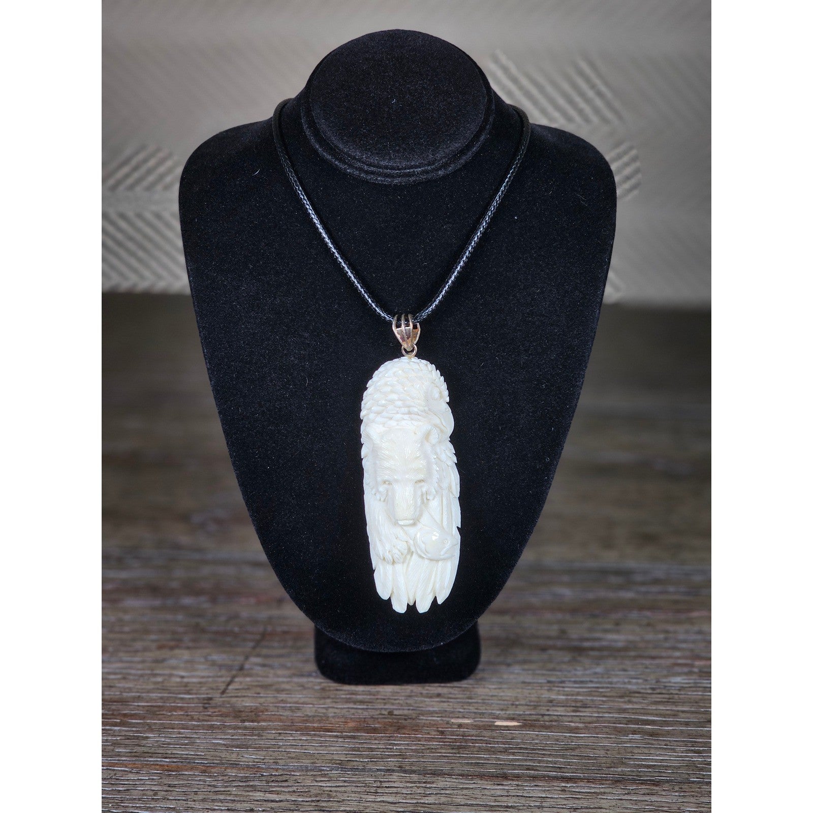 Vintage Carved Buffalo Bone Bear & Eagle Pendant Necklace – Hand Carved Totem 3"