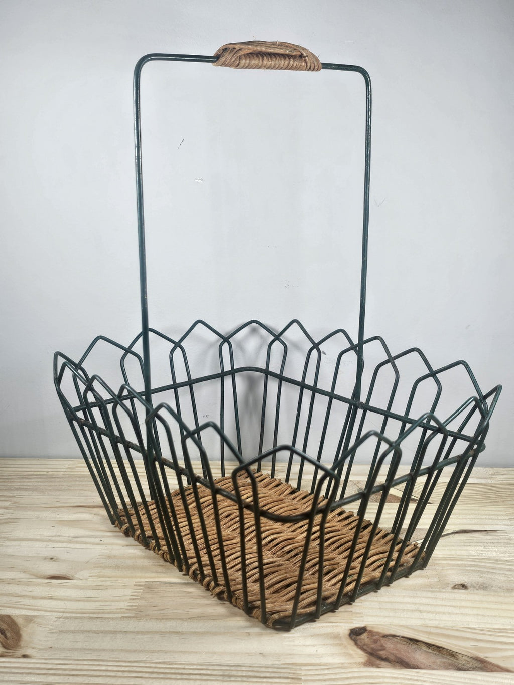 Black Metal + Rattan Basket 11.5″ × 9″ | Rustic Coastal Storage Basket