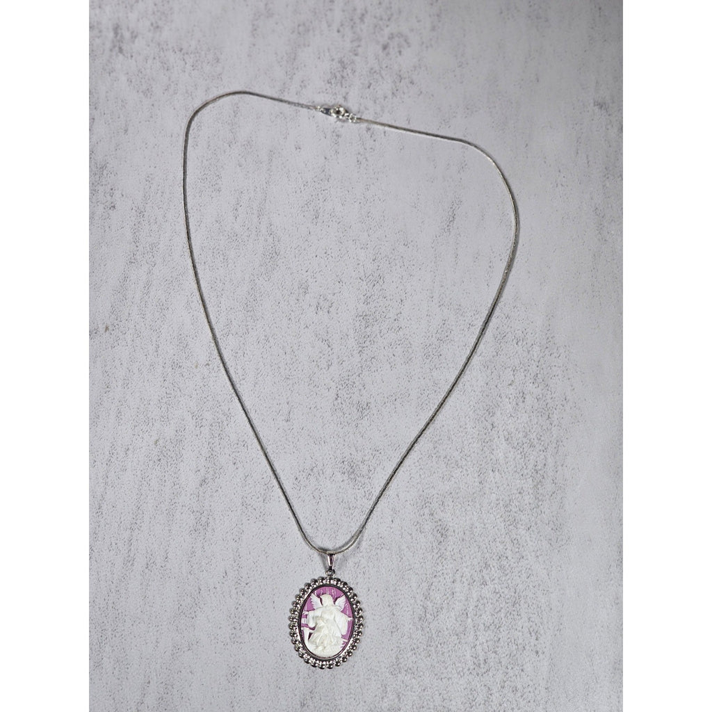 Vintage Angel Cameo Pendant Necklace Pink Relief Silver Tone Oval