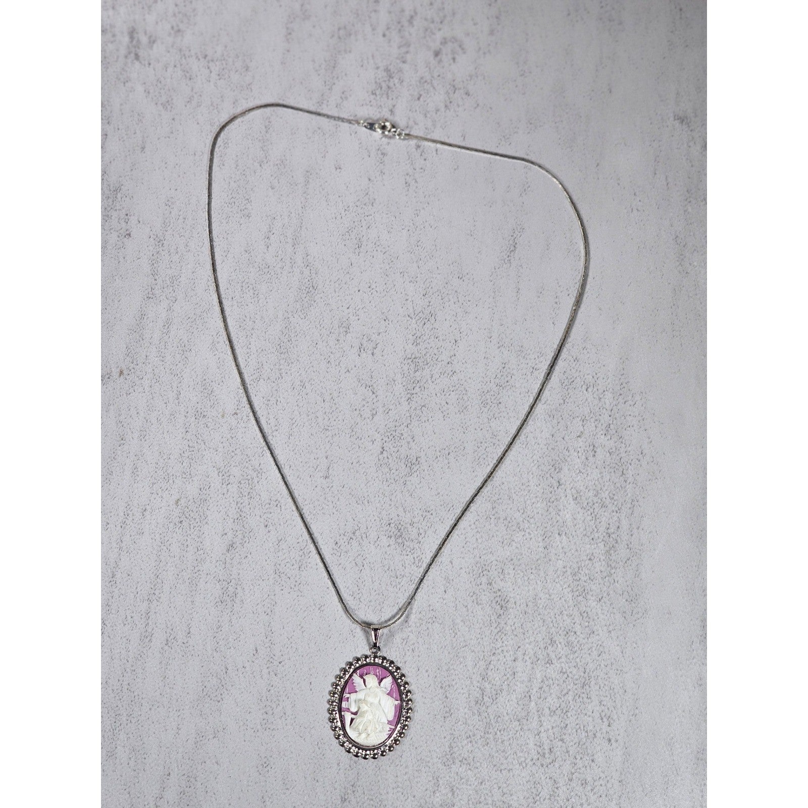 Vintage Angel Cameo Pendant Necklace Pink Relief Silver Tone Oval