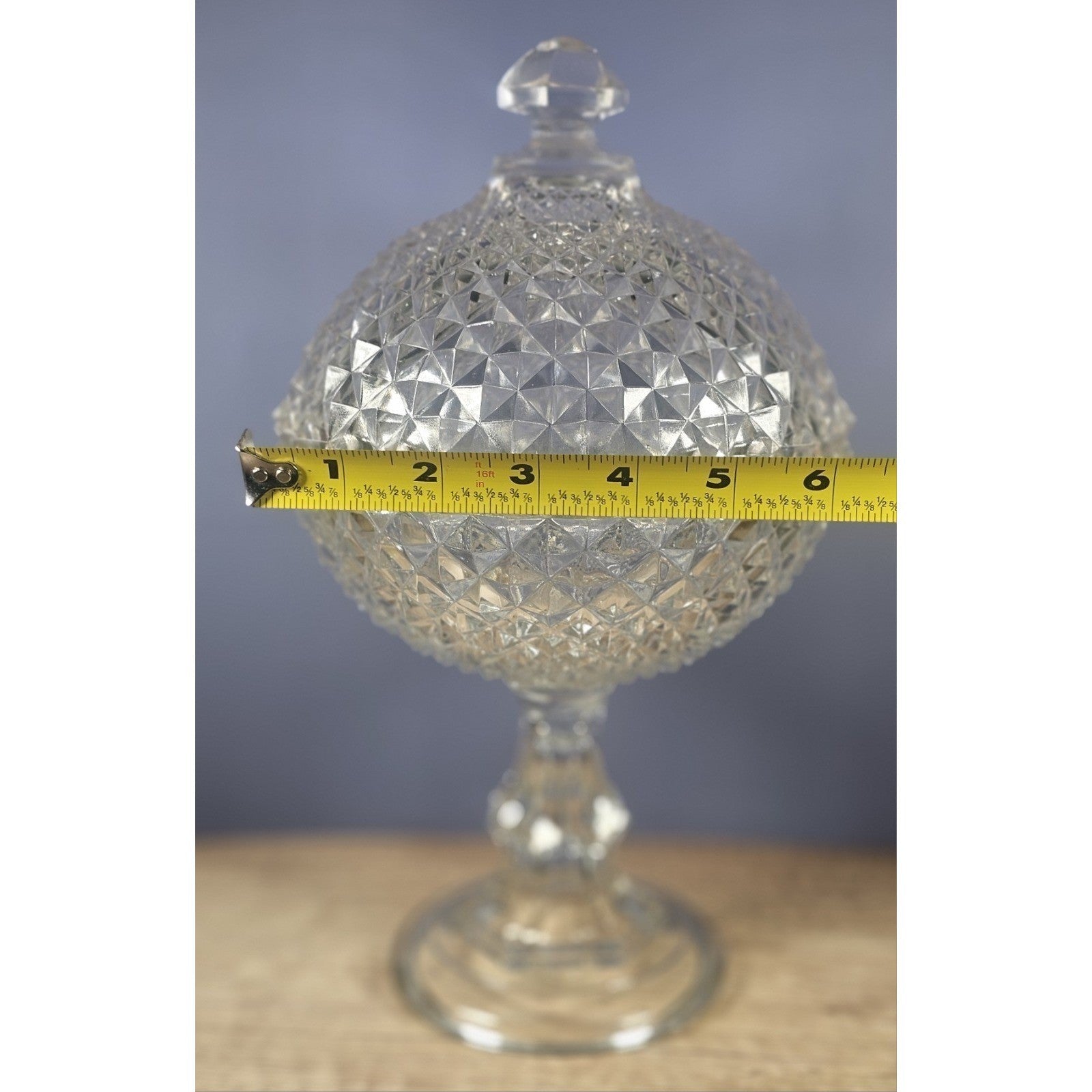 Vintage Saw Tooth Diamond Clear Flint Glass Pedestal Compote With Lid