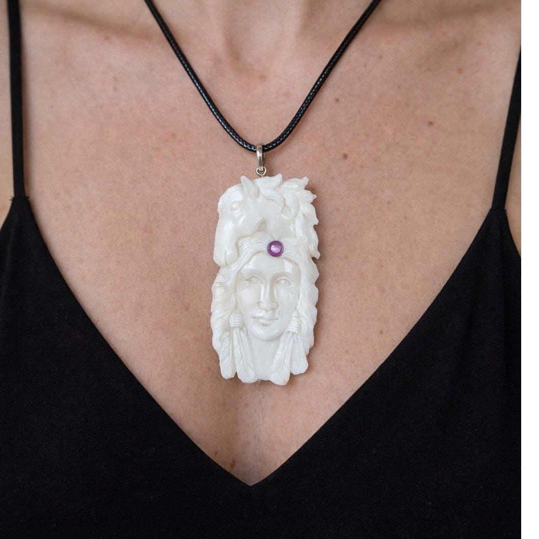 Vintage Buffalo Bone Carved Horse & Native American Figure Pendant Necklace