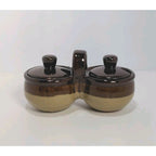 Vintage Brown Ceramic Double Jam & Jelly Crock Server with Lids
