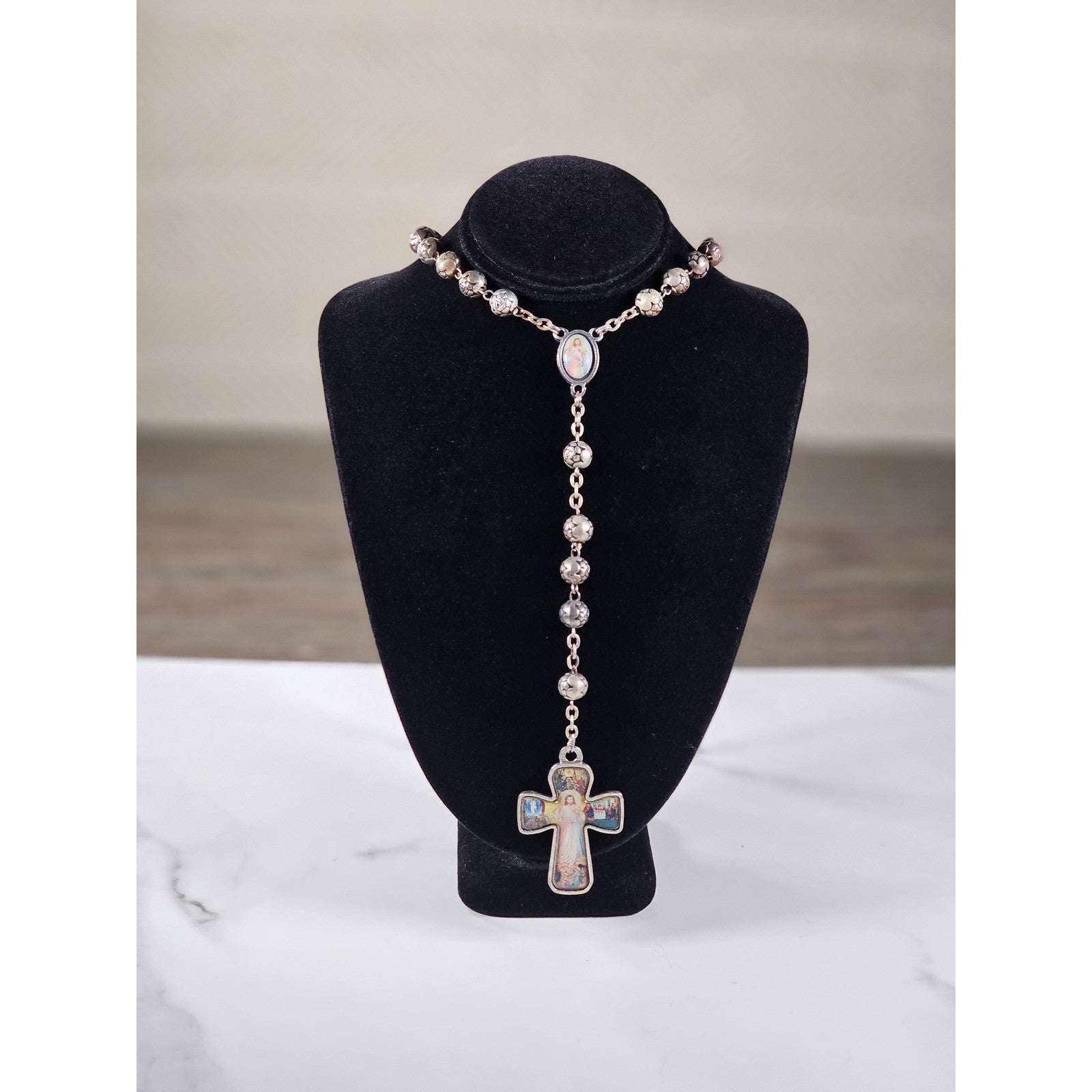 Vintage Rosary Necklace Sacred Heart Cross Religious Medal Beaded