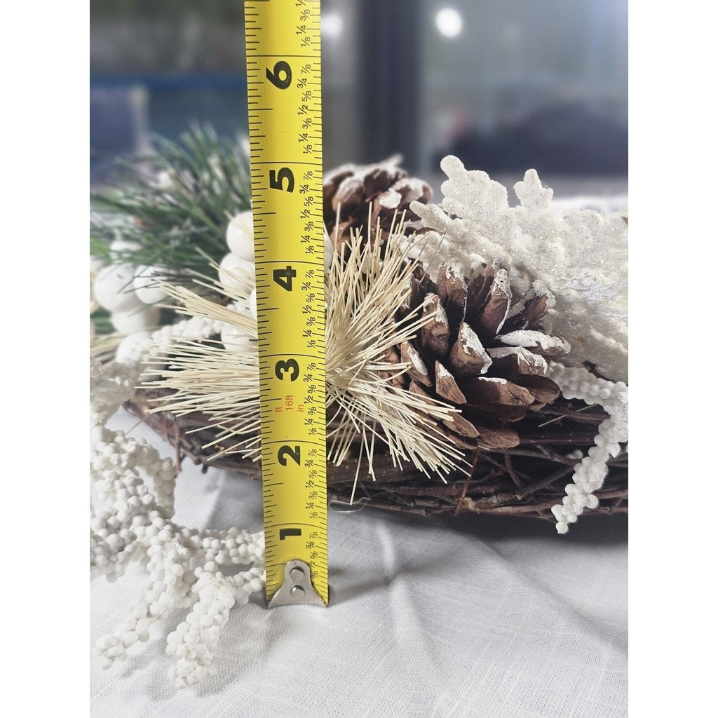 White Deer Christmas Wreath with Pinecones Greenery Snowflakes Rustic Holiday