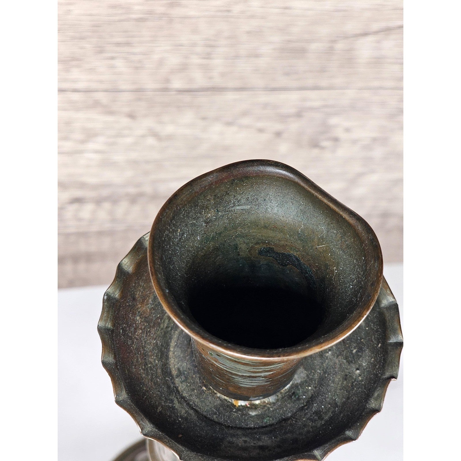 Antique Tinned Copper Candlestick Holder 12" Embossed Design
