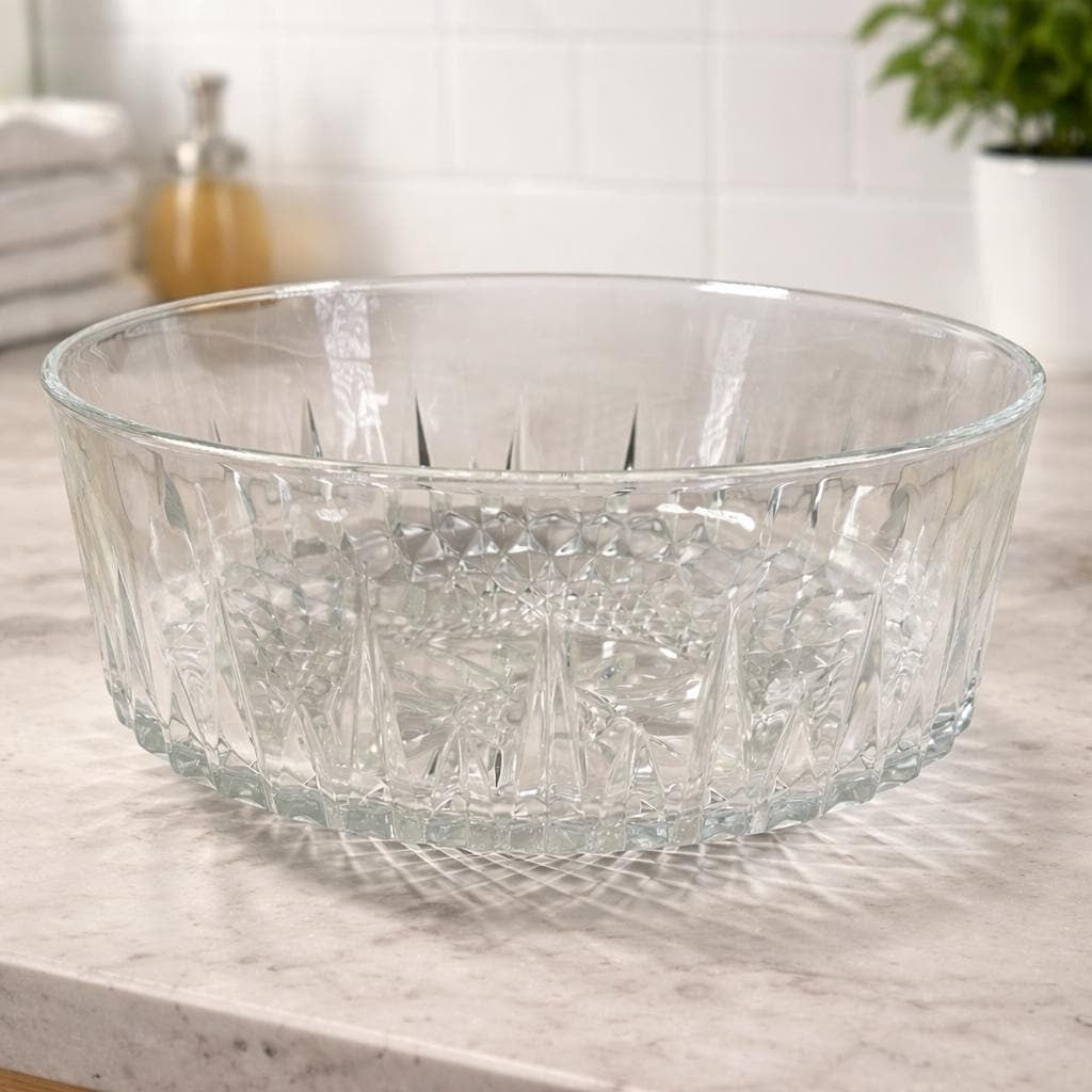 Vintage Arcoroc Glass Bowl Diamond Cut 9 Inch Serving Bowl