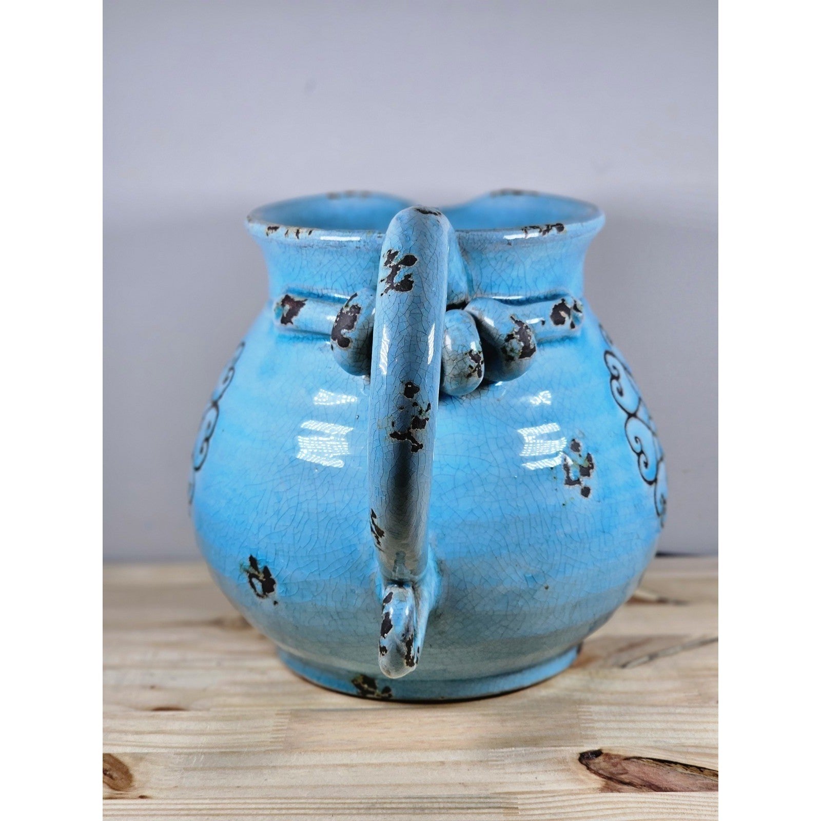 Vintage Blue Pottery Pitcher Heart Motif Floral Rustic Farmhouse Decor