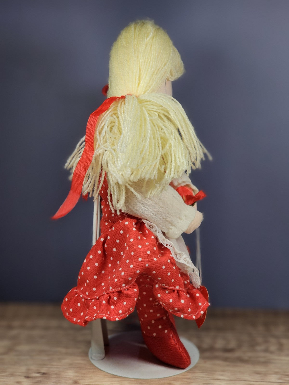 Vintage Rag Doll – Red Polka Dot Dress with Heart & Flower Accents