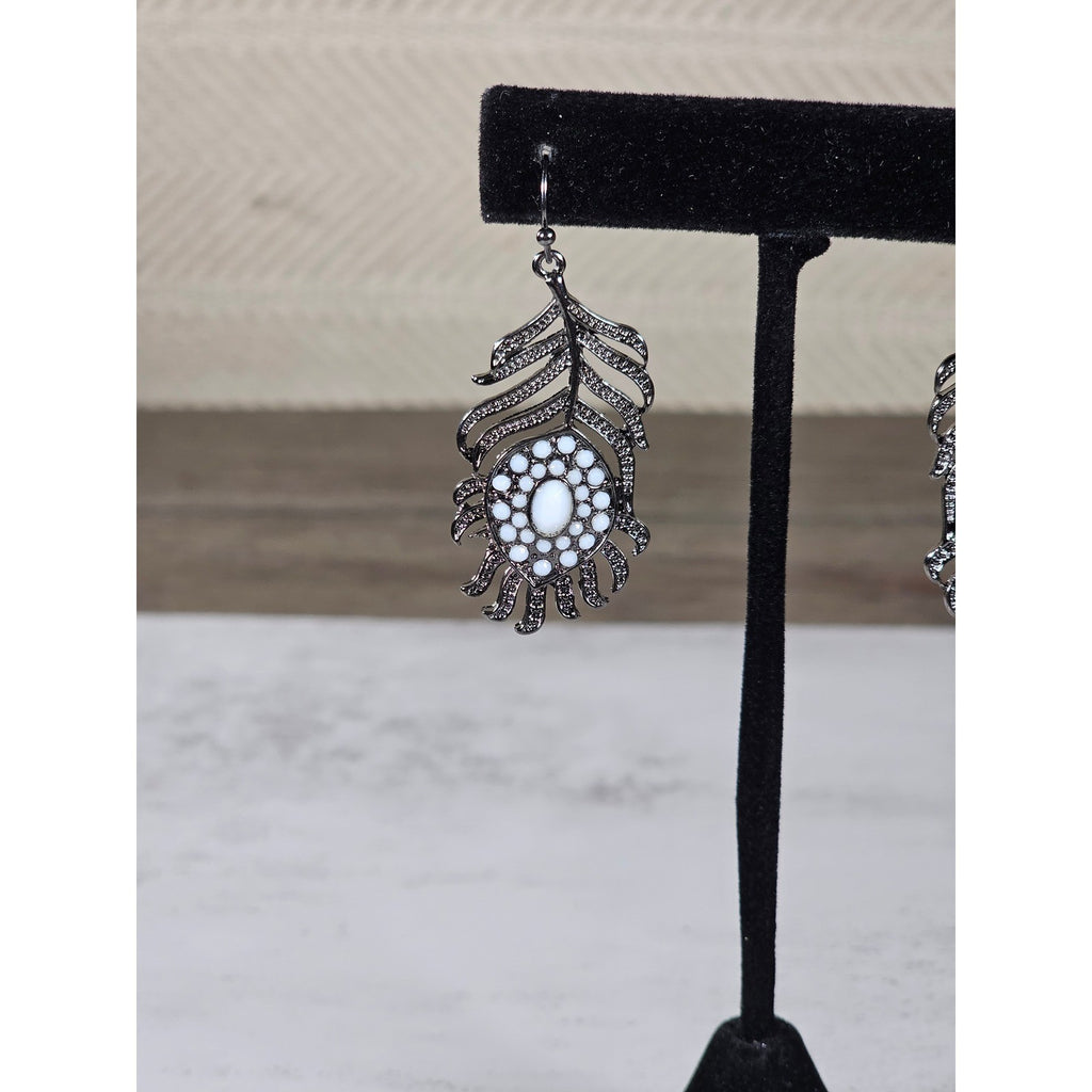 Vintage Feather Dangle Earrings White Cabochon Boho Drop