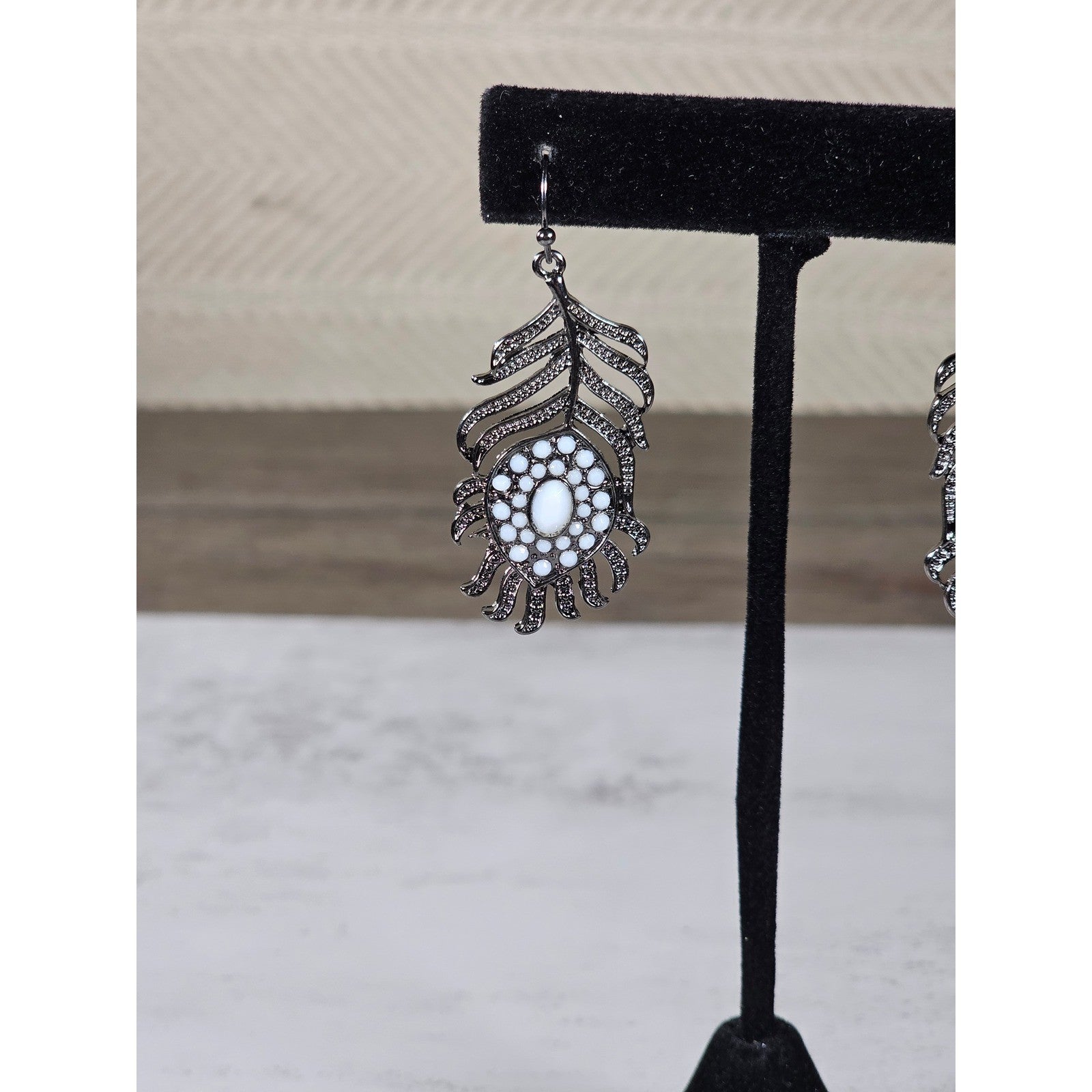 Vintage Feather Dangle Earrings White Cabochon Boho Drop