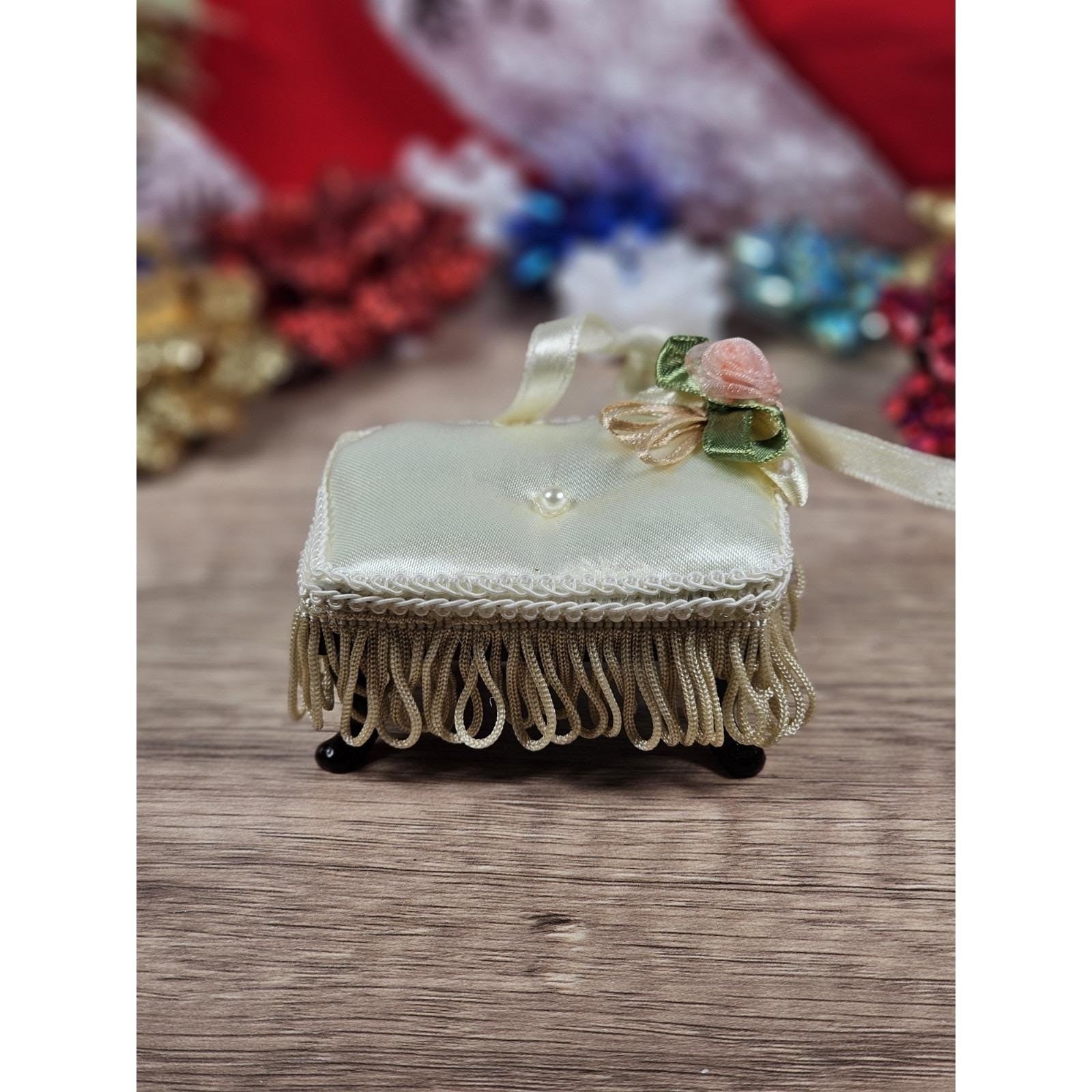 Vintage Miniature Satin Stool Ornament White Pearl Trim Dollhouse