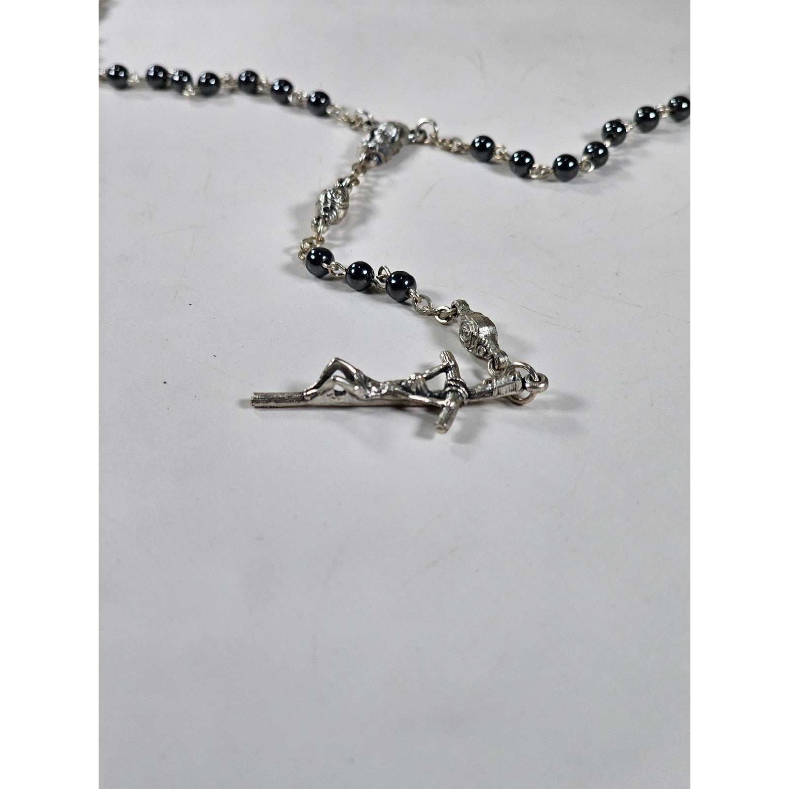 Vintage Black Bead Rosary Necklace Silver Tone Crucifix Catholic