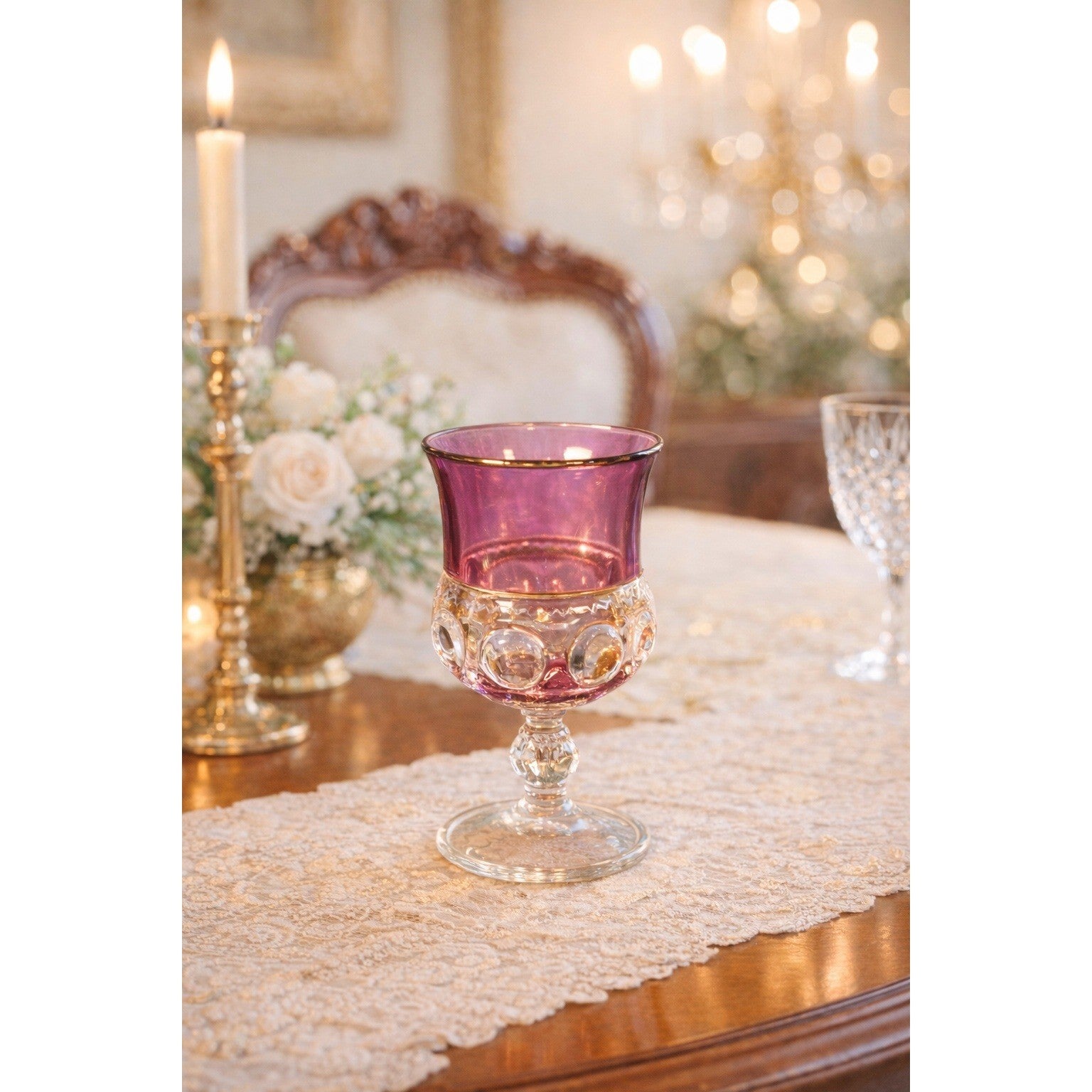 Vintage Amethyst Overlay Hobnail Wine Glass Purple Crystal Goblet