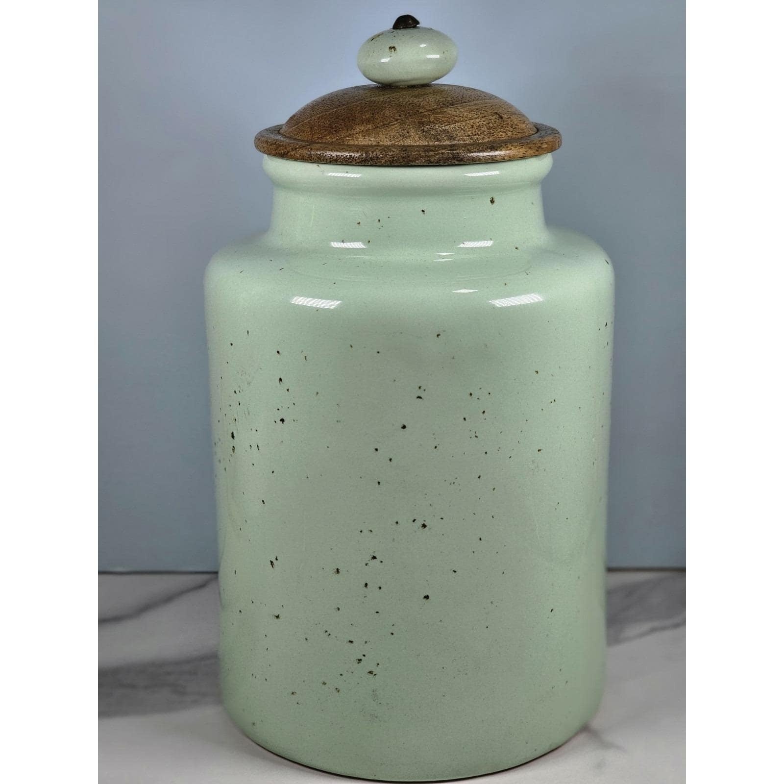 Vintage Pier 1 Mint Green Speckled Canister with Wooden Lid