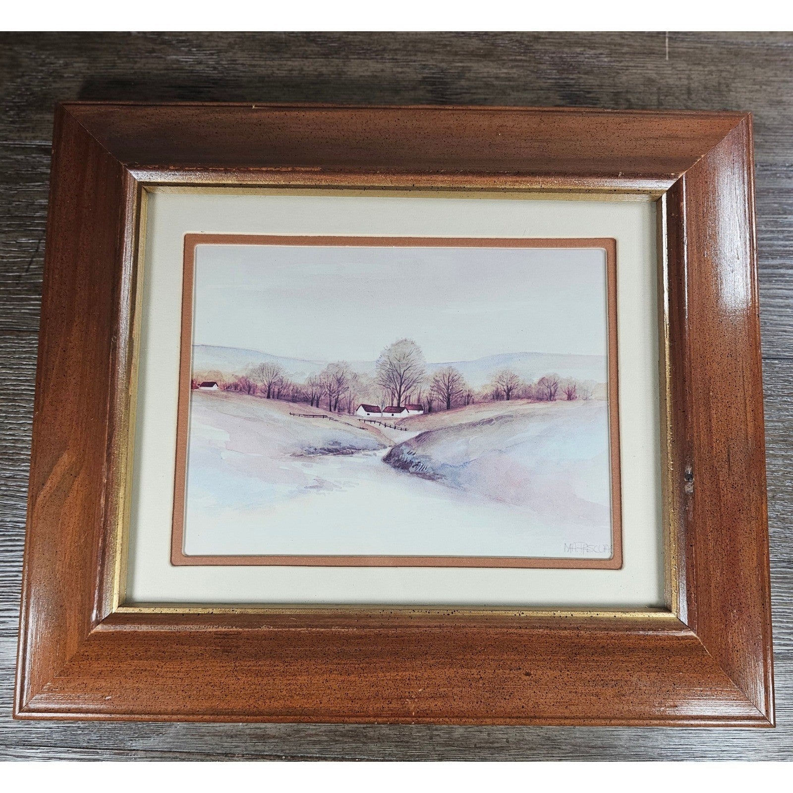 Vintage Framed Winter Landscape Print Farmhouse Wall Art 14x12