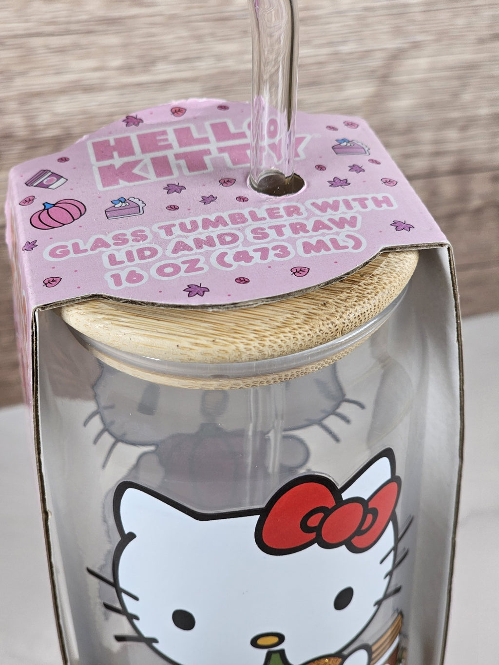 Hello Kitty Glass 16oz Tumbler with Bamboo Lid & Straw – Sanrio – NEW