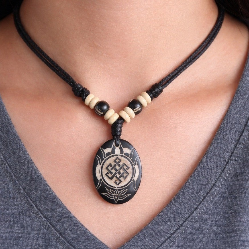 Vintage Carved Symbol Pendant Necklace Black Cord Beaded Adjustable