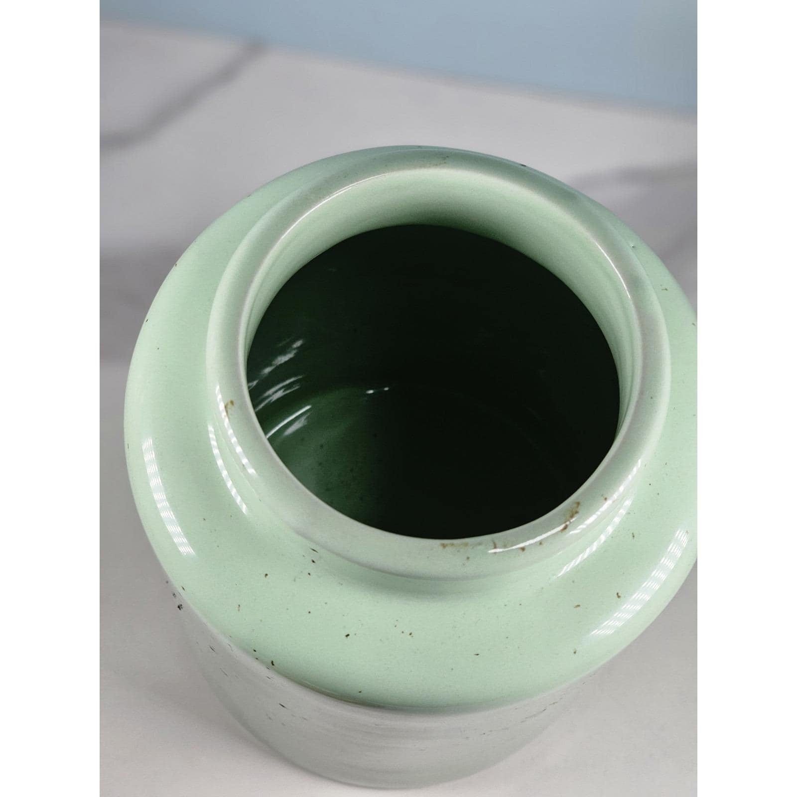 Vintage Pier 1 Mint Green Speckled Canister with Wooden Lid