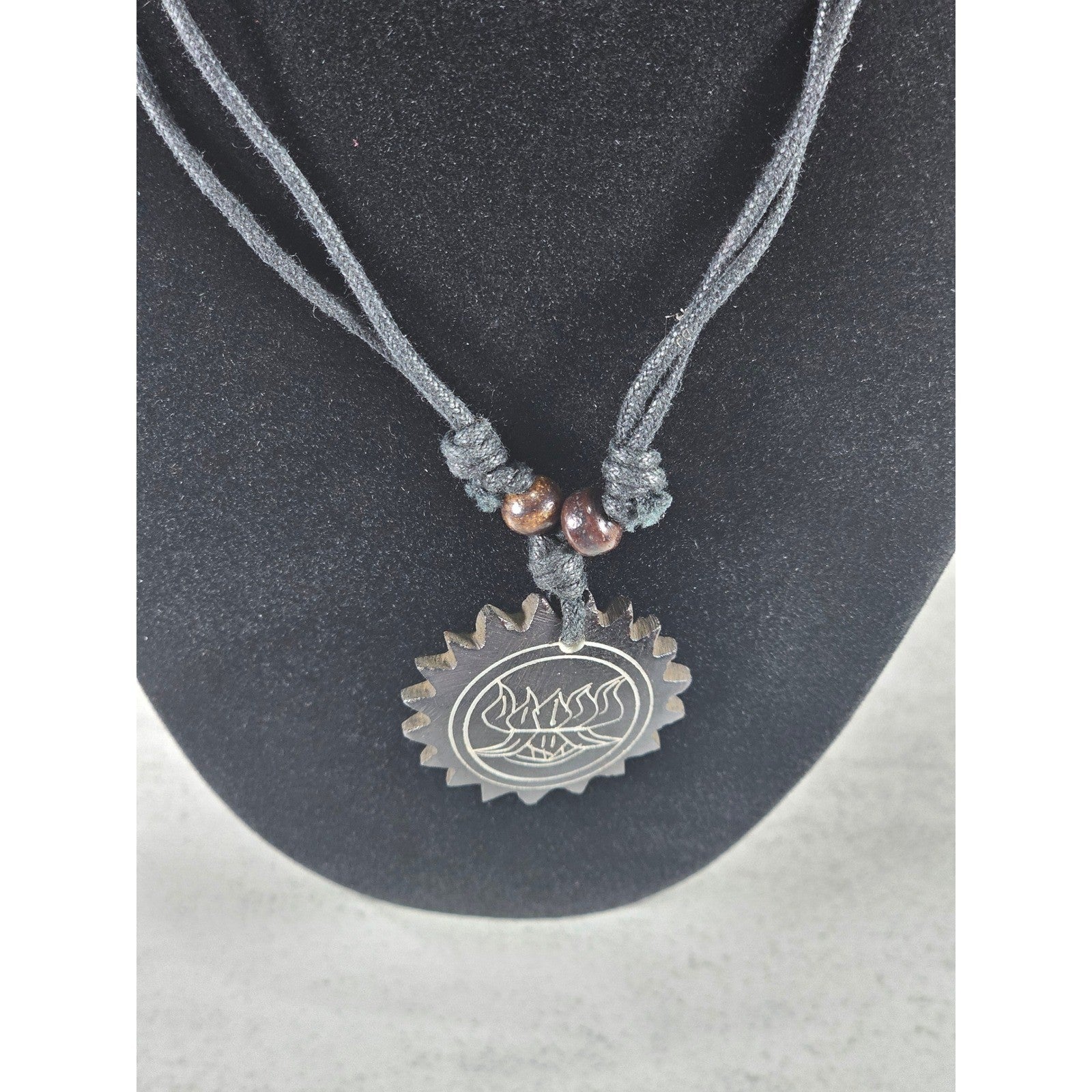Vintage Carved Black Pendant Necklace Sunburst Lotus Design