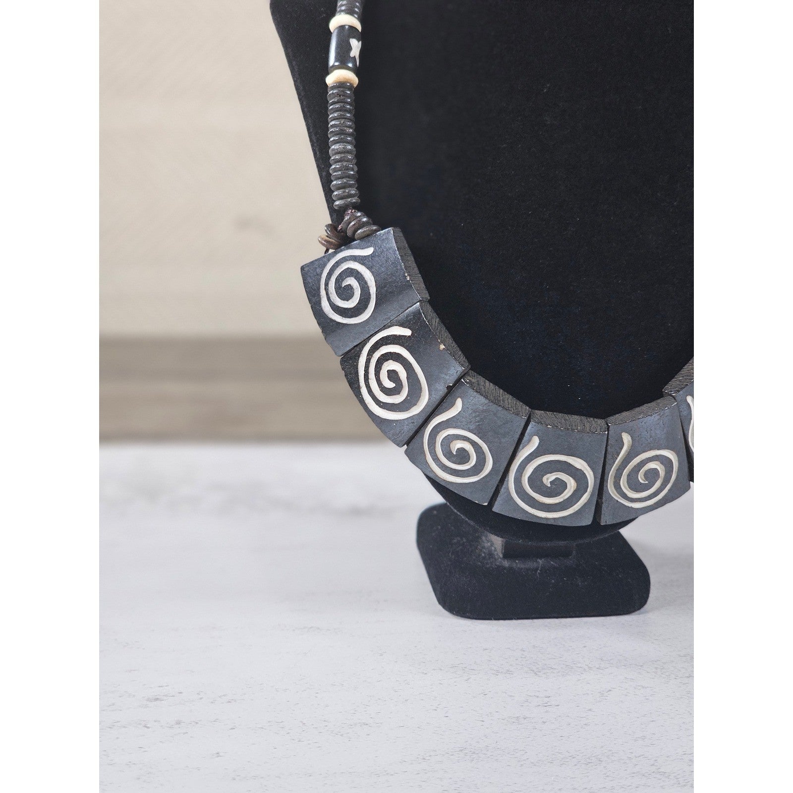 Vintage Tribal Carved Wood Spiral Necklace Statement Collar Black