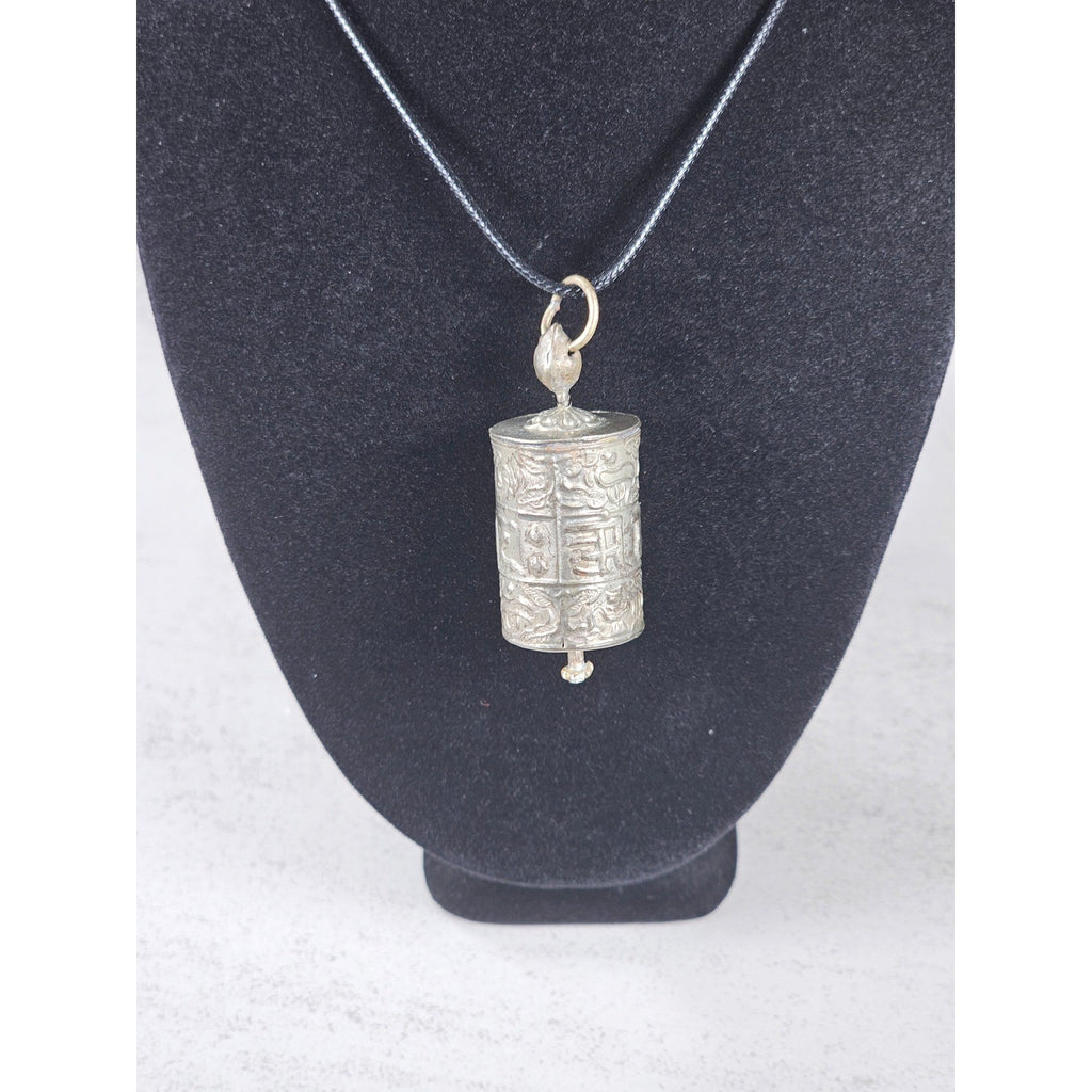 Vintage Asian Prayer Wheel Pendant Necklace Cylinder Scroll Charm