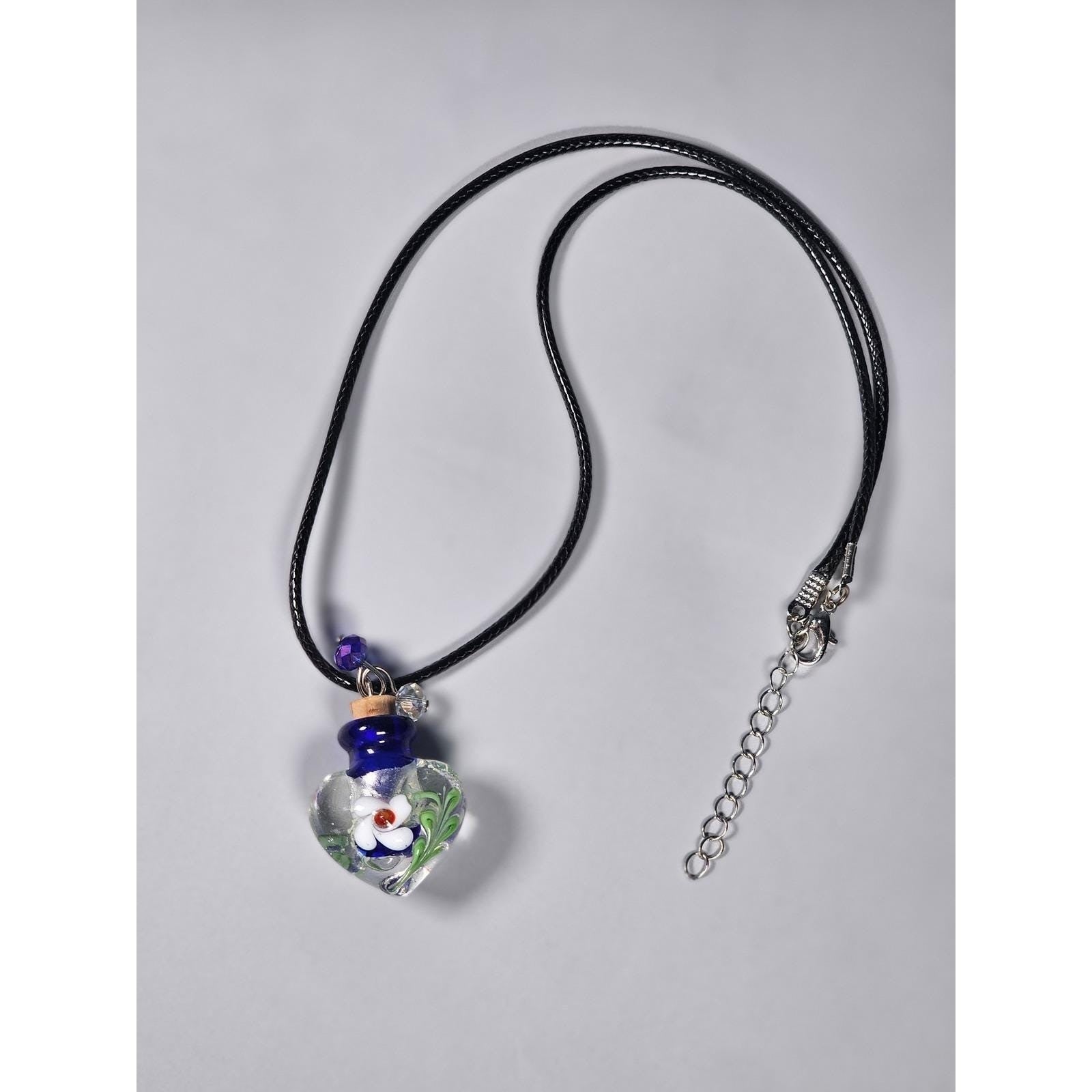 Vintage Glass Heart Bottle Pendant Necklace with Floral Design