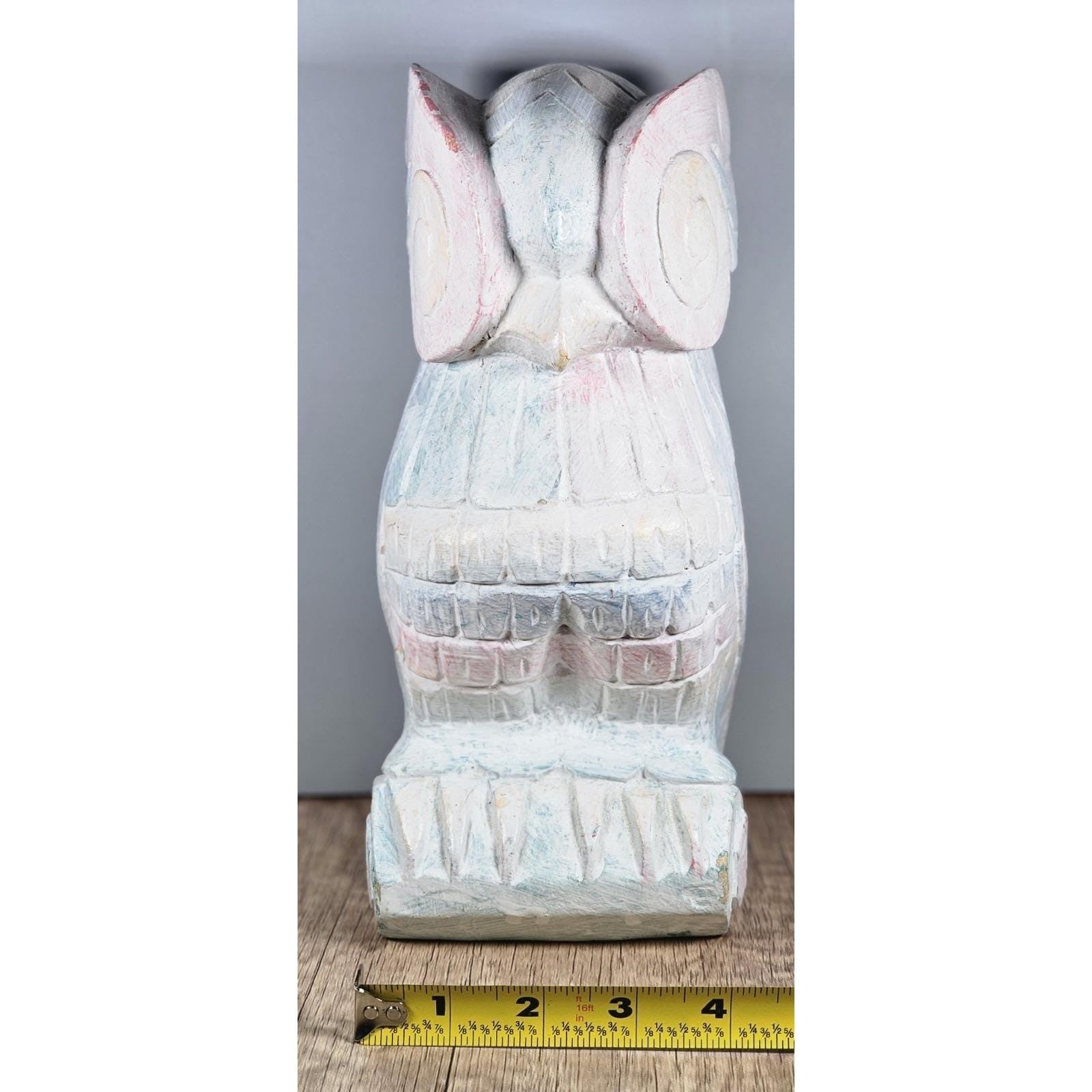 Vintage Hand-Carved Wooden Owl Figurine Whitewashed Rustic Decor