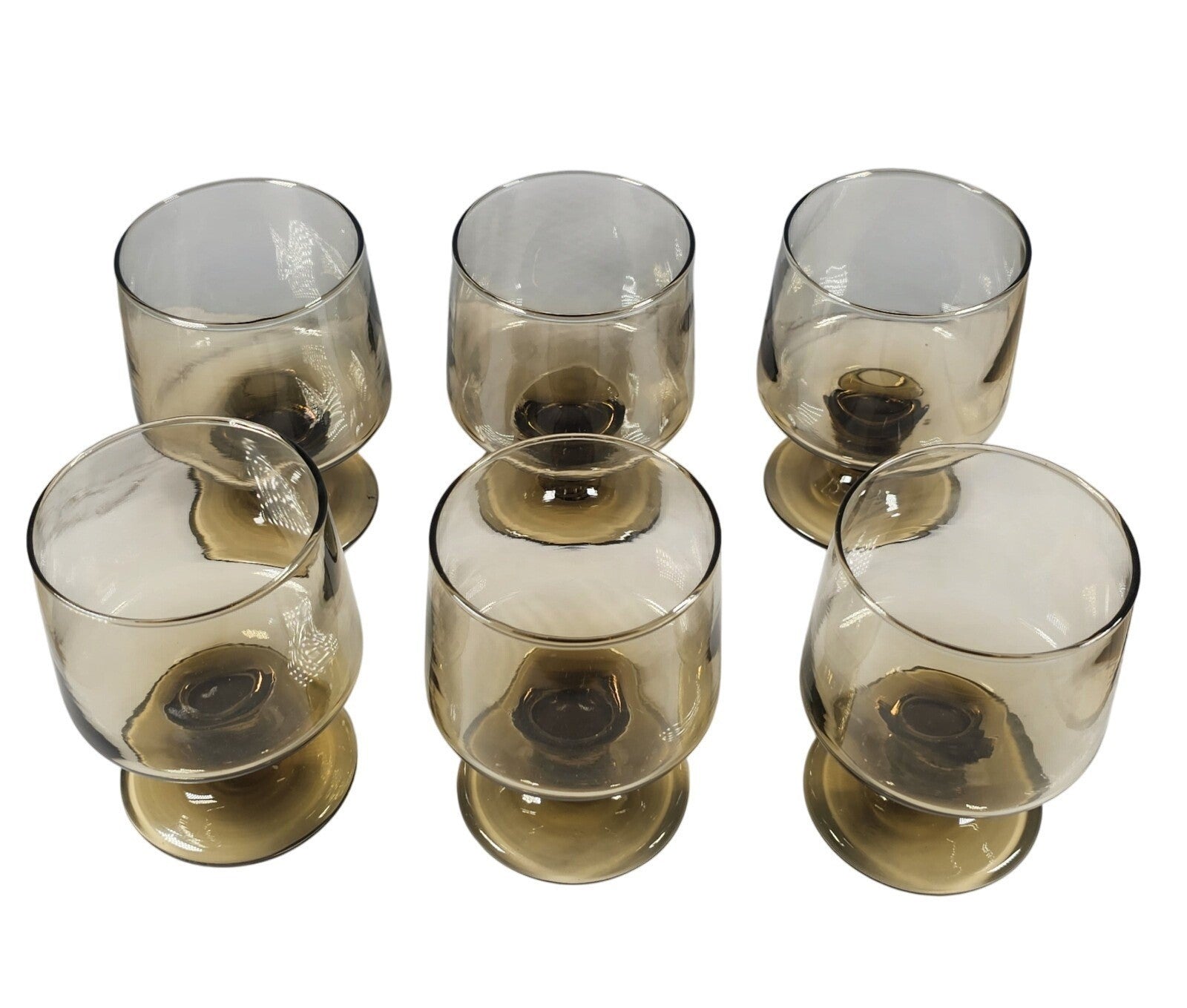 Set Of 6 Mid Century Modern Smokey Glass Footed Cocktail Whiskey Wine Goblets