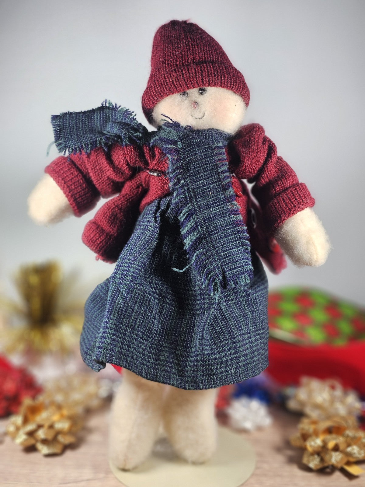 Vintage Crazy Mountain Imports Snowman Flat 11" in Red Coat & Blue Outfit