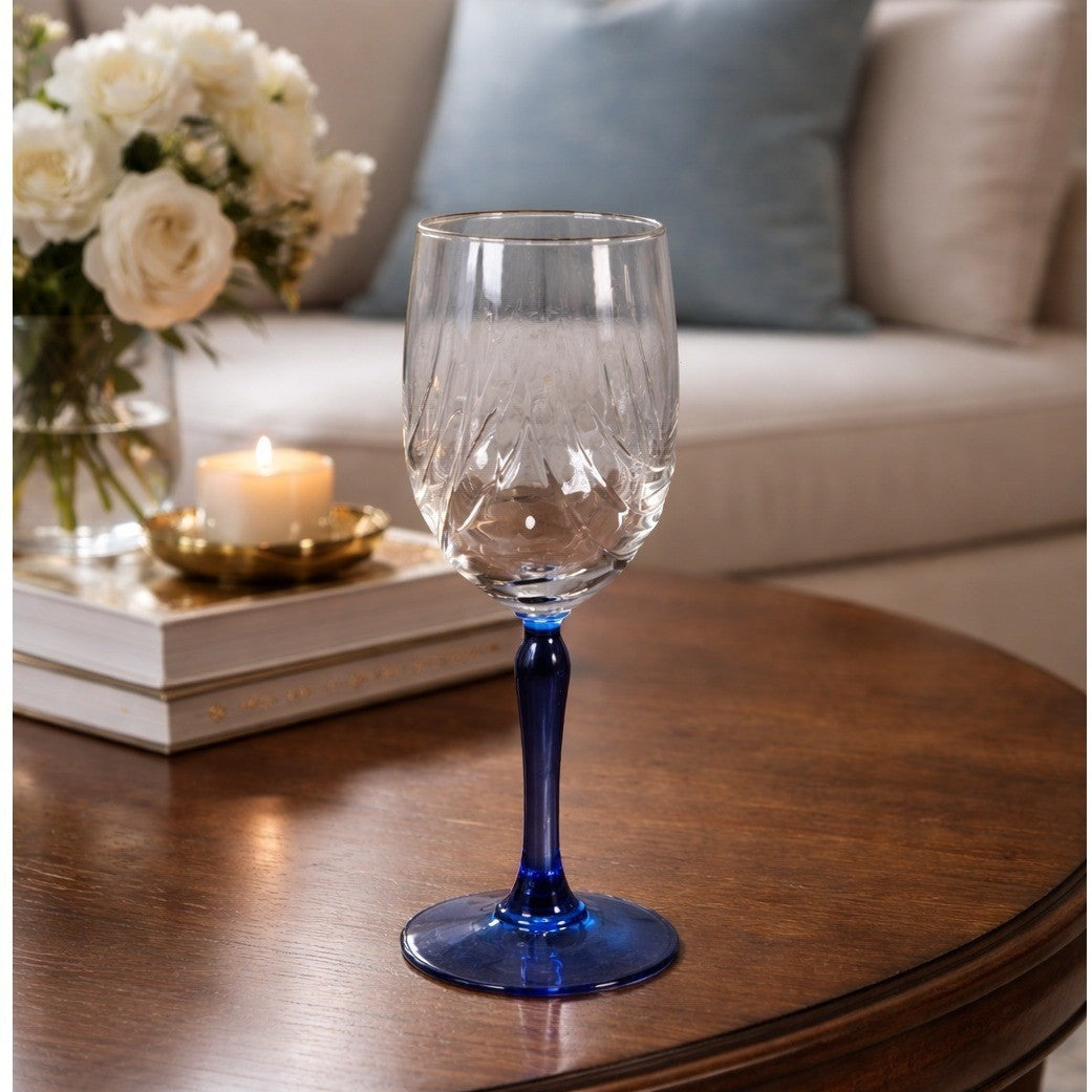 Vintage Blue Stem Wine Glass Clear Etched Bowl 8 Inch Goblet