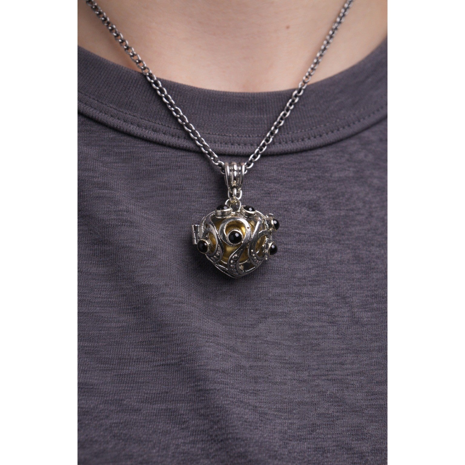 Vintage Hinged Locket Pendant with Inner Sphere & Dark Stone Accents