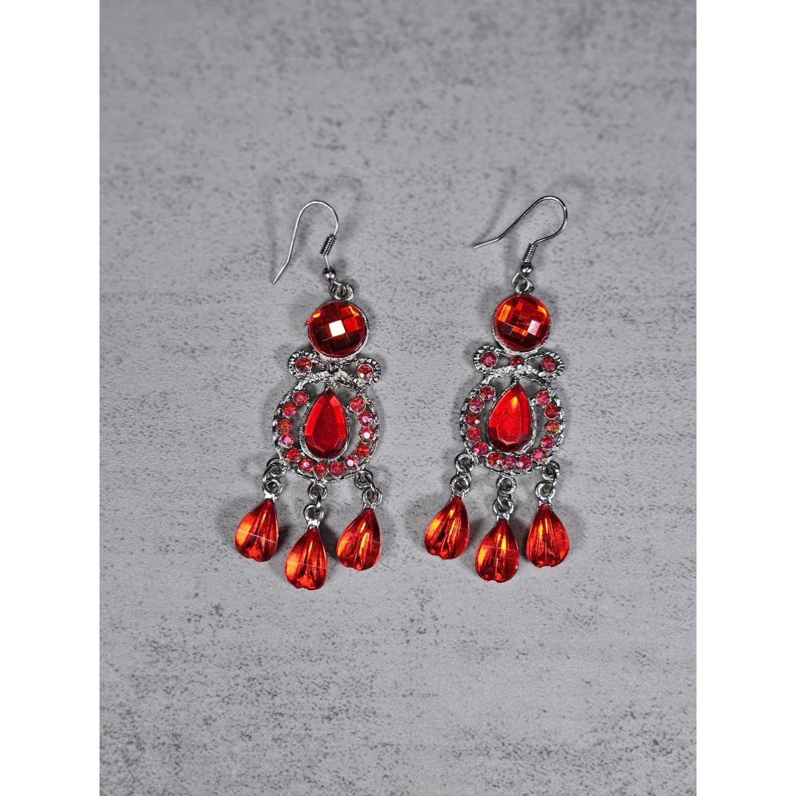 Vintage Red Rhinestone Drop Earrings Silver Tone Dangle Statement Jewelry