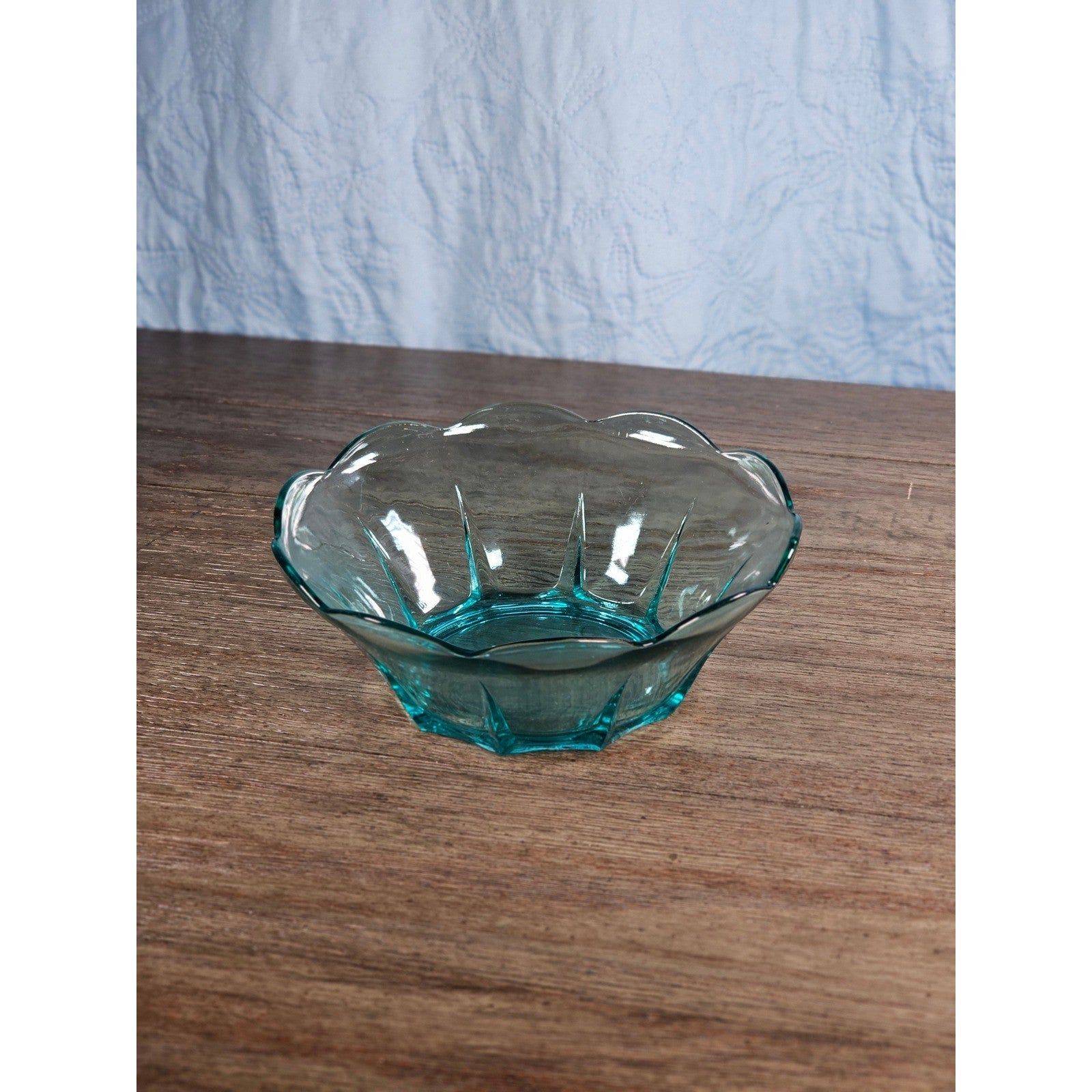 Vintage Aqua Glass Scalloped Bowl | 8 Inch Decorative Serving Dish