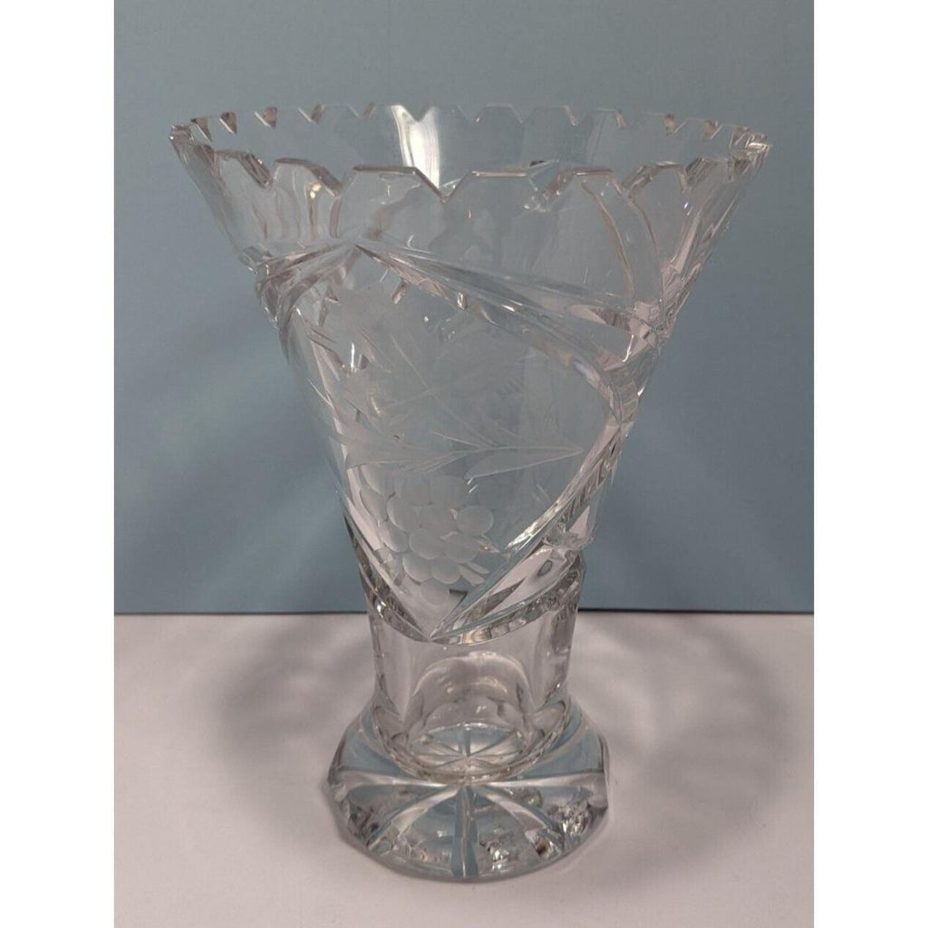 Vintage Cut Crystal Trumpet Vase Starburst Pedestal Vase 7.5 Inch