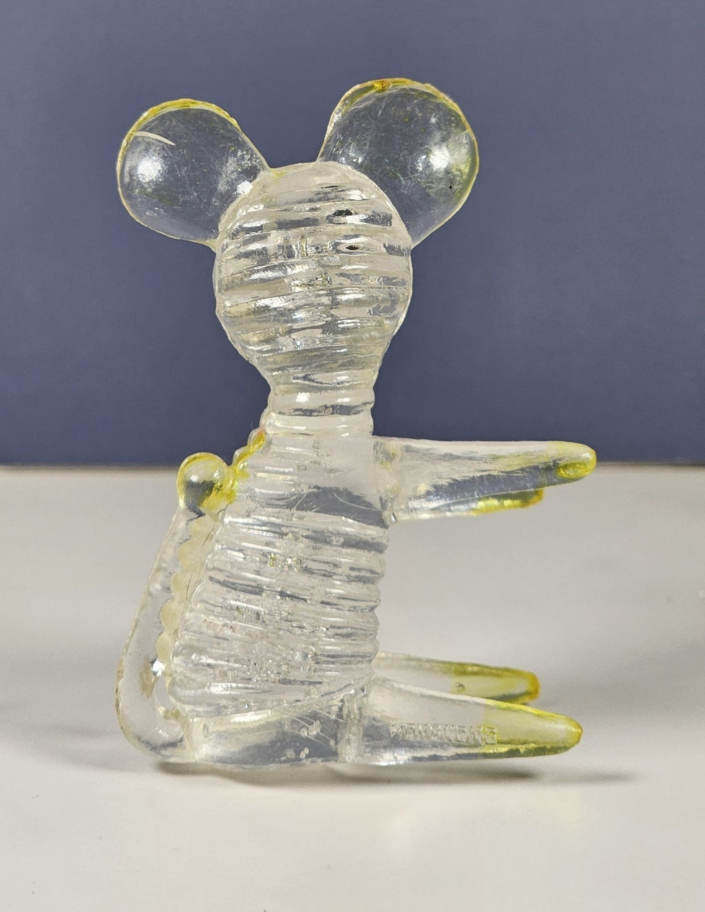 Set Of 2 Lucite Clear Acrylic Mouse Figurines 2 3/4 Inches With Yellow Ears & Ac