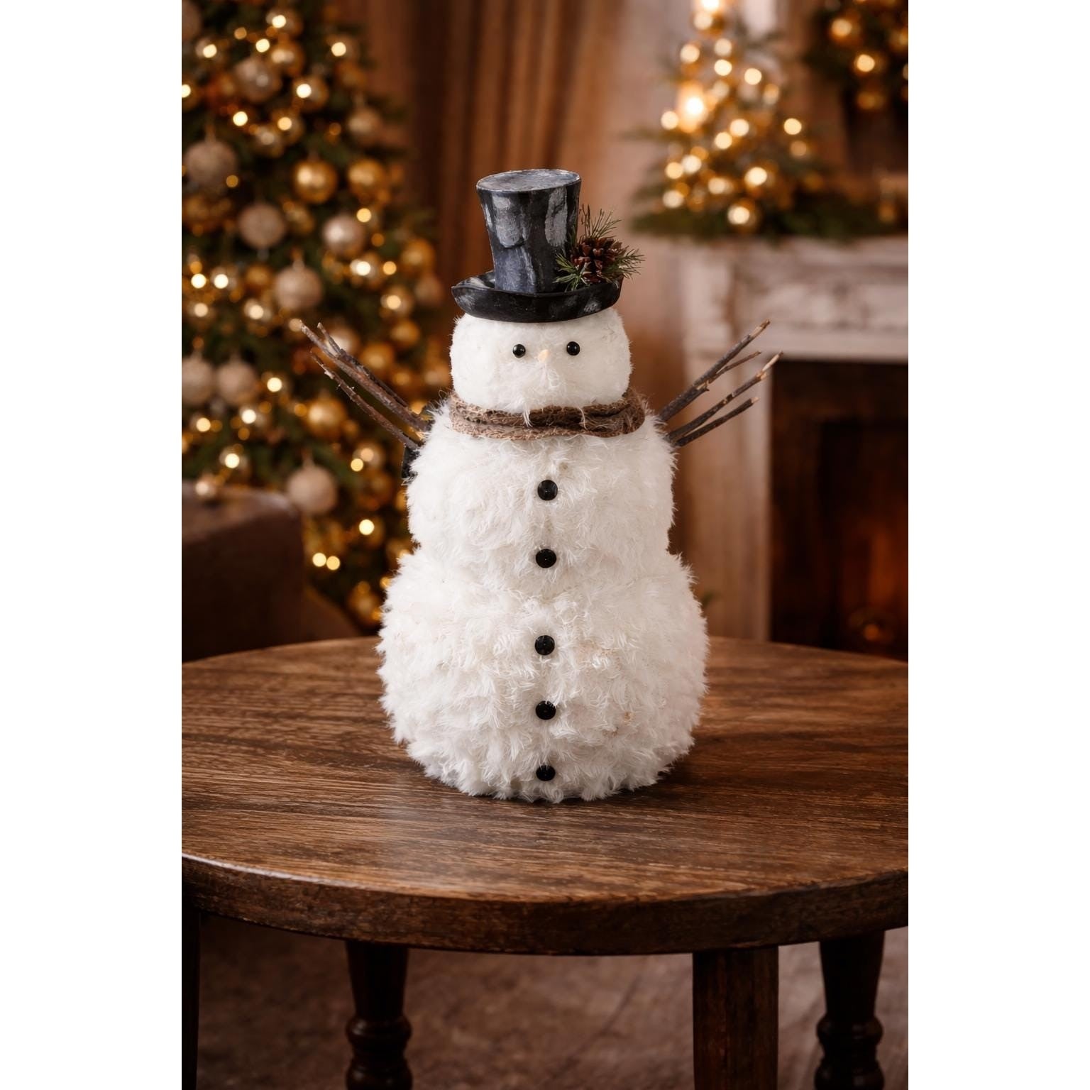 Rustic Snowman Figurine with Twig Arms Wreath Scarf Winter Decor