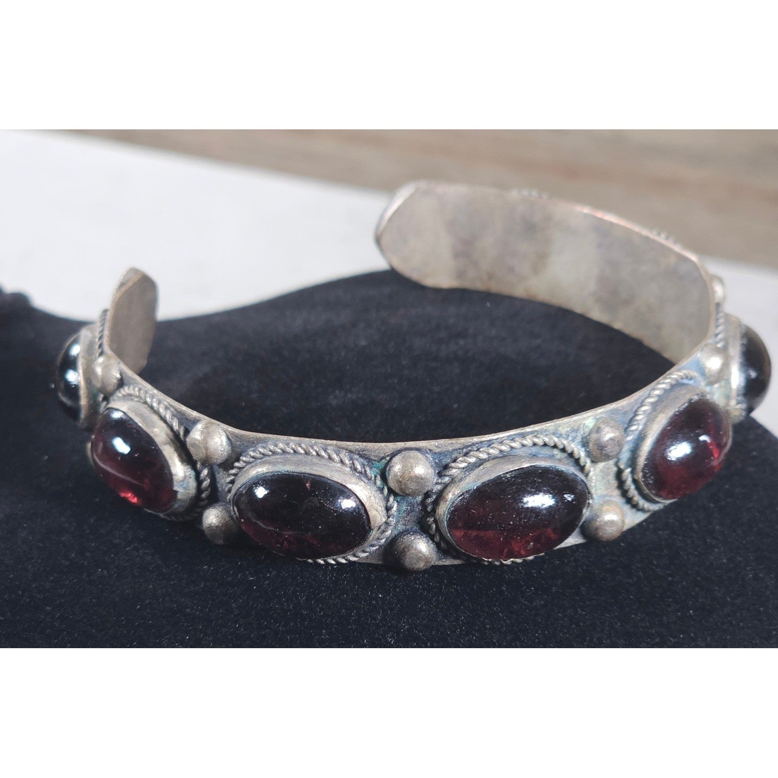 Vintage Red Cabochon Cuff Bracelet Silver Tone Boho