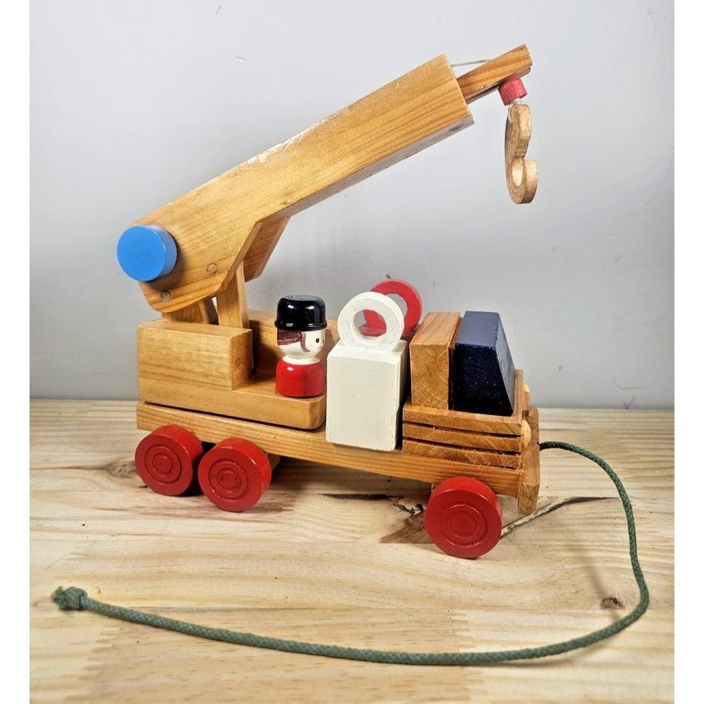 Vintage Wooden Crane Truck Pull Toy Mid Century Construction Toy