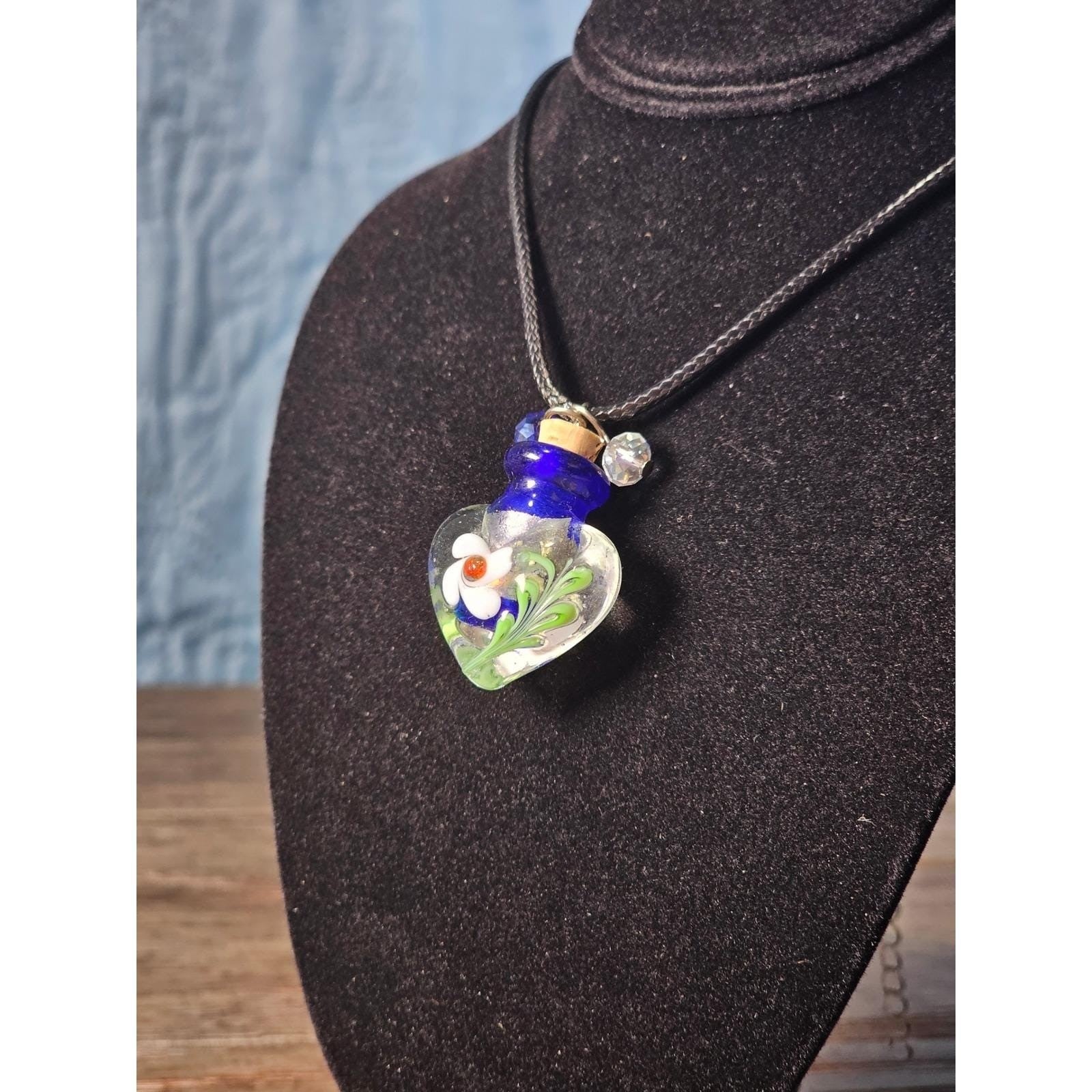Vintage Glass Heart Bottle Pendant Necklace with Floral Design