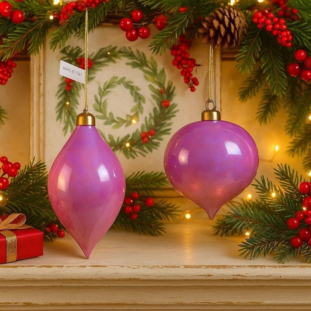 Mark Roberts Iridescent Pink Glass Ornaments Set of 2 Round Teardrop