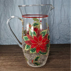 Vintage Poinsettia Glass Pitcher 72 oz Hand Painted Crackle Glass