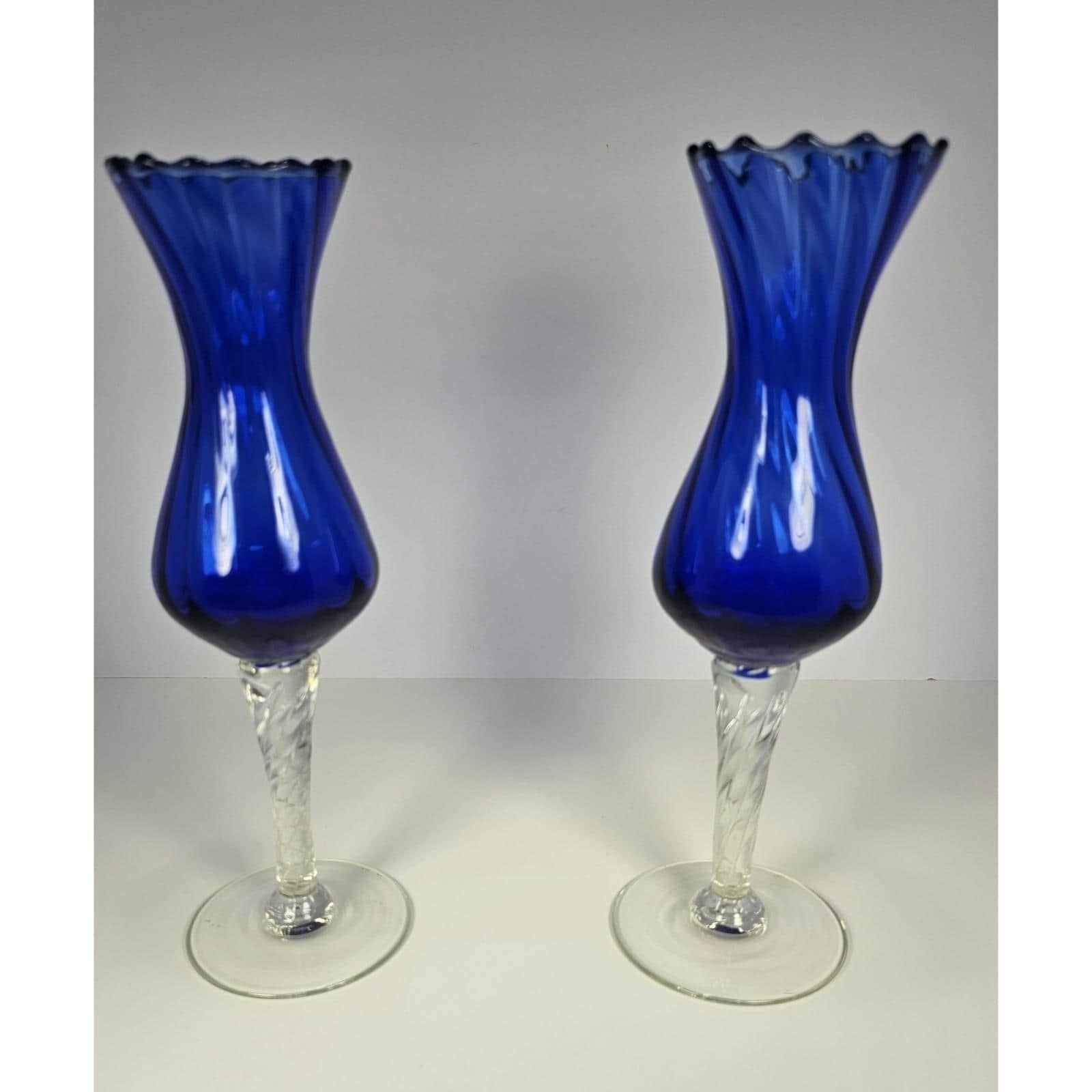 Vintage Blue Optic Swirl Wine Goblets Set of 2 Tall Twisted Stem Glass