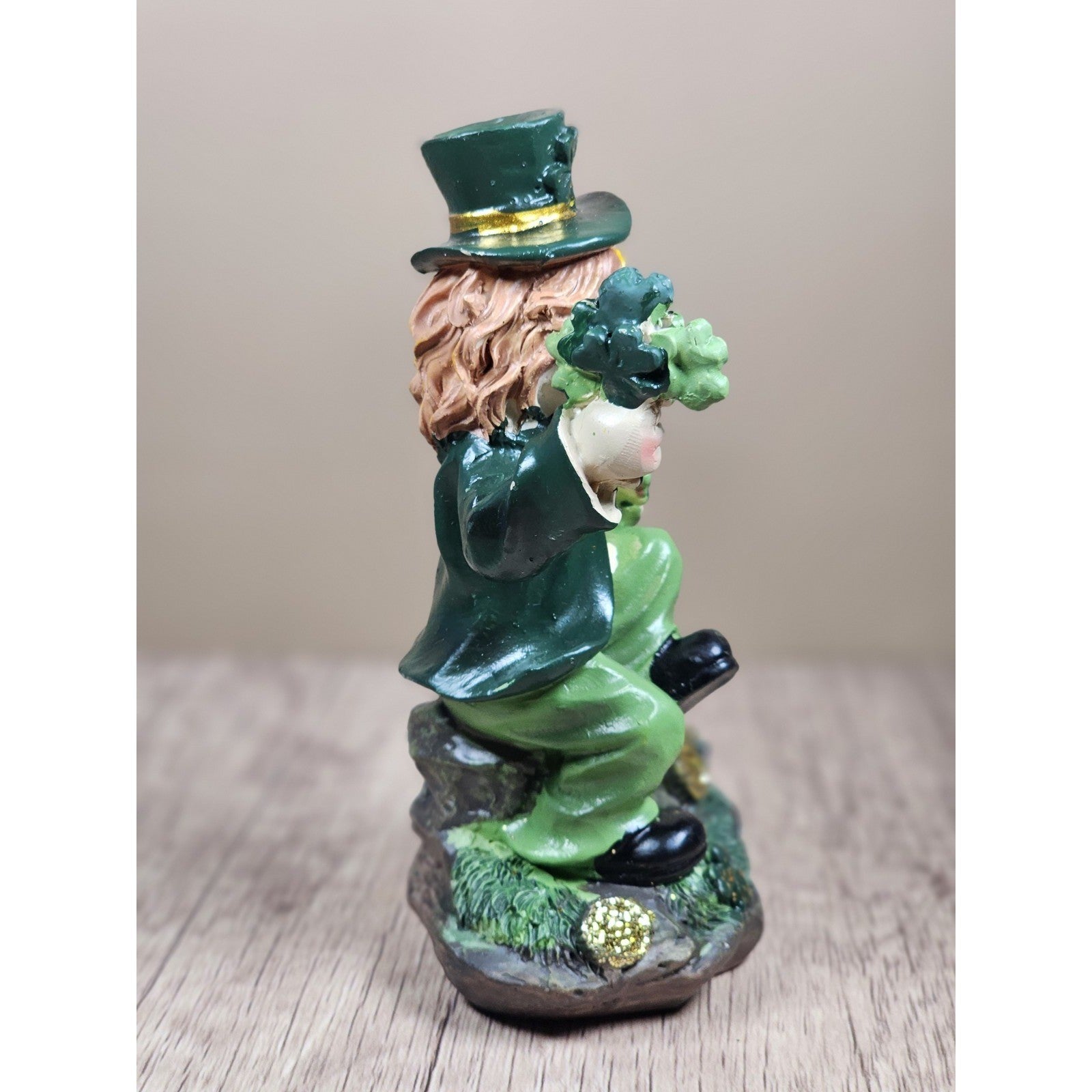 Vintage Saint Patrick's Day Leprechaun Pottery Figurine with Shamrocks