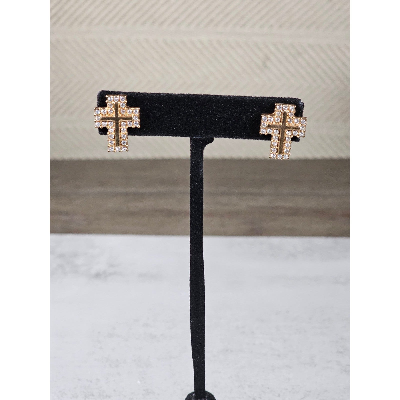 Vintage Gold Tone Cross Stud Earrings Rhinestone Christian Jewelry